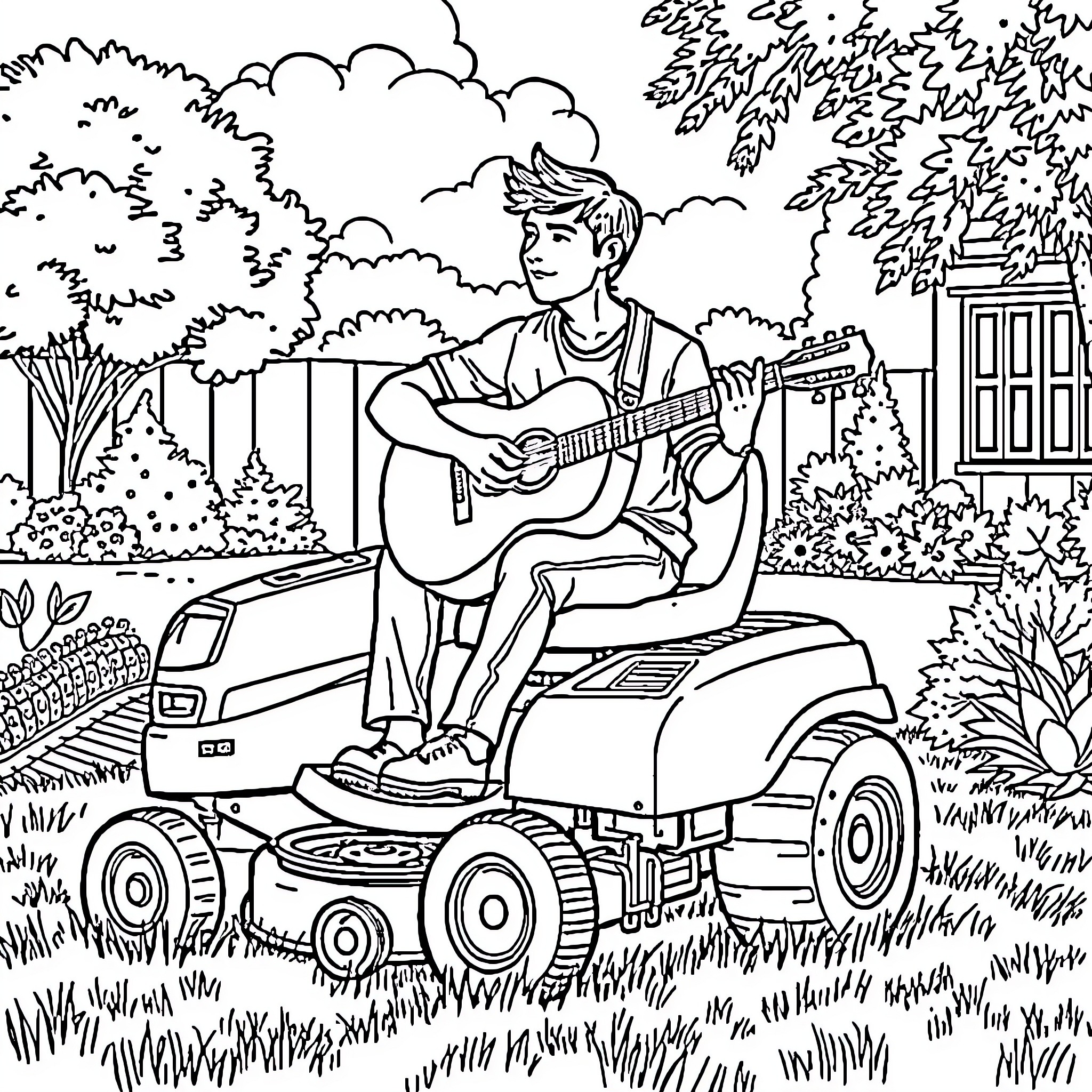 Guitar player performing outdoors on a riding mower Coloring Page (free black-and-white line drawing printable PDF for all, from beginners to advanced learners, including children, teens, adults, and seniors)
