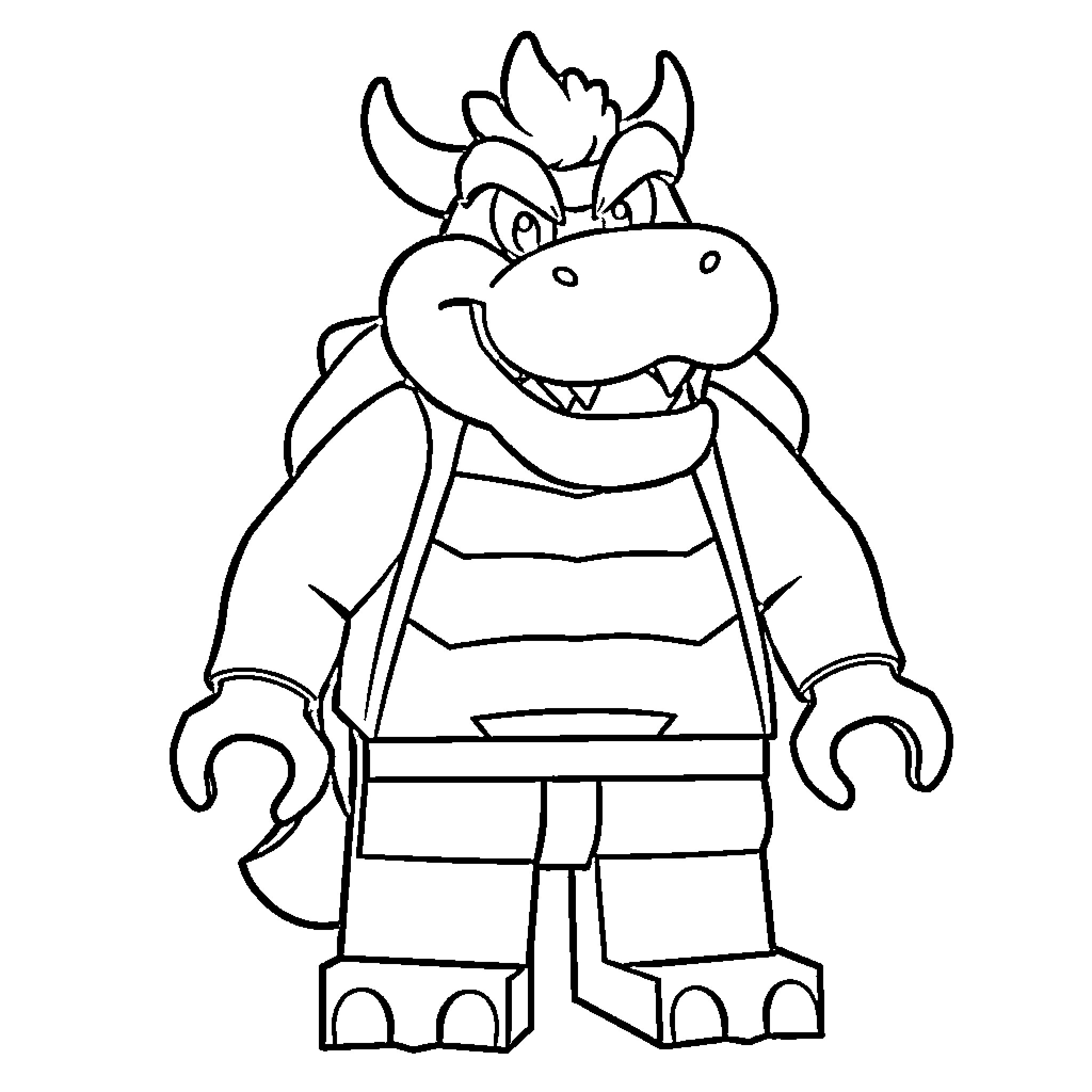 Bowser Junior smiling playfully in striped outfit Coloring Page (free black-and-white line drawing printable PDF for all, from beginners to advanced learners, including children, teens, adults, and seniors)