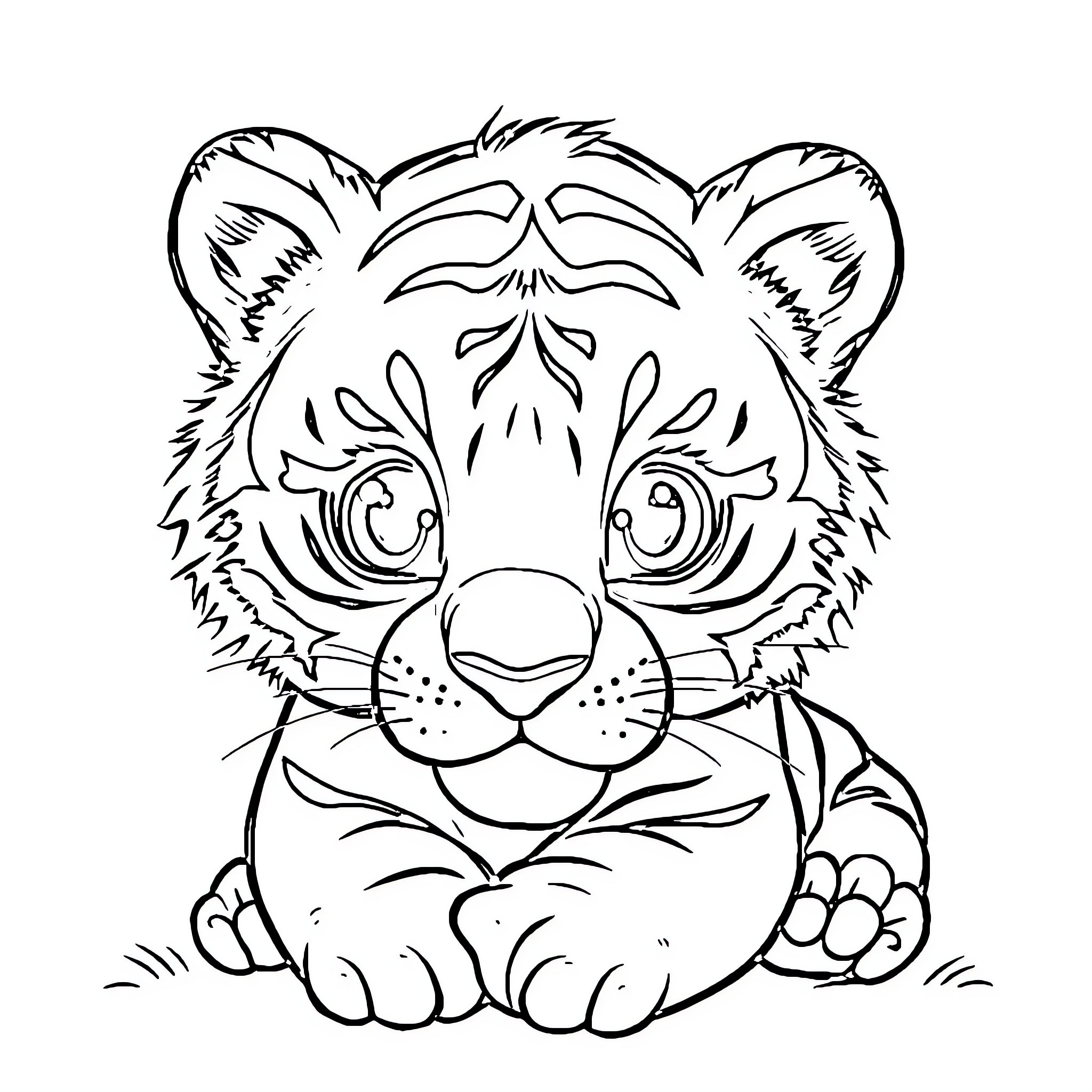 Tiger cub in a playful pose Coloring Page (free black-and-white line drawing printable PDF for all, from beginners to advanced learners, including children, teens, adults, and seniors)