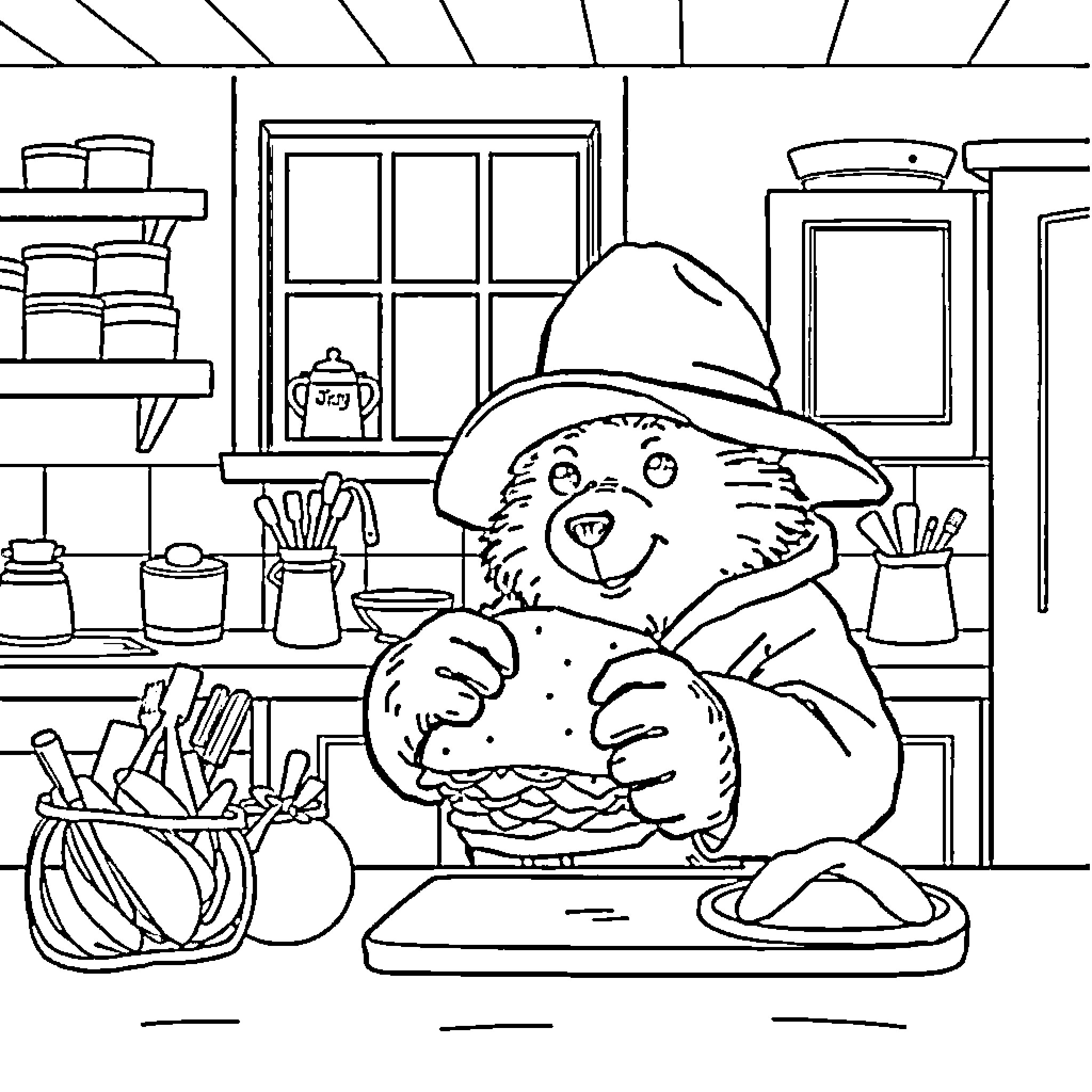 Paddington Bear cooking in the kitchen Coloring Page (free black-and-white line drawing printable PDF for all, from beginners to advanced learners, including children, teens, adults, and seniors)