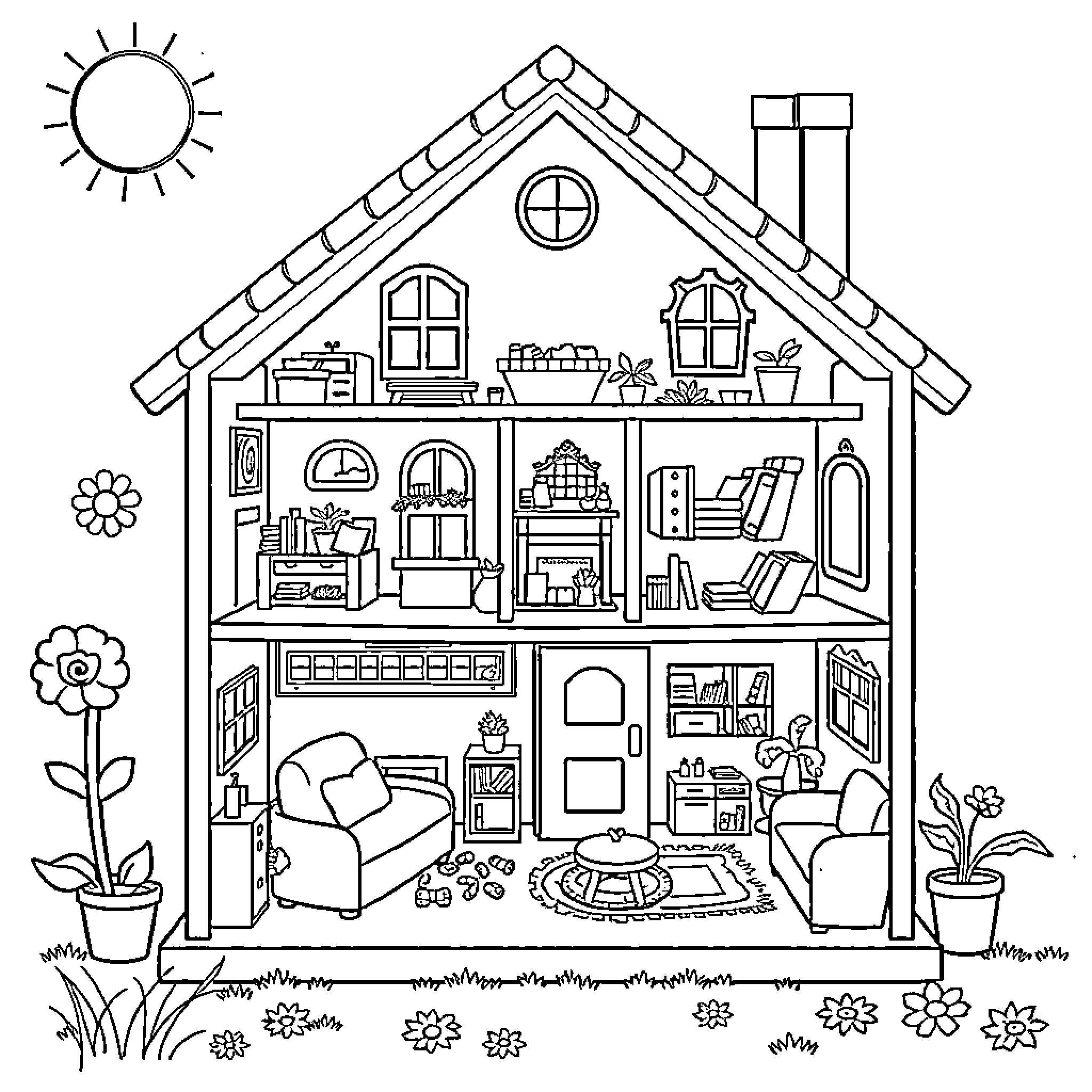 Dollhouse with detailed interior and outdoor elements Coloring Page (free black-and-white line drawing printable PDF for all, from beginners to advanced learners, including children, teens, adults, and seniors)