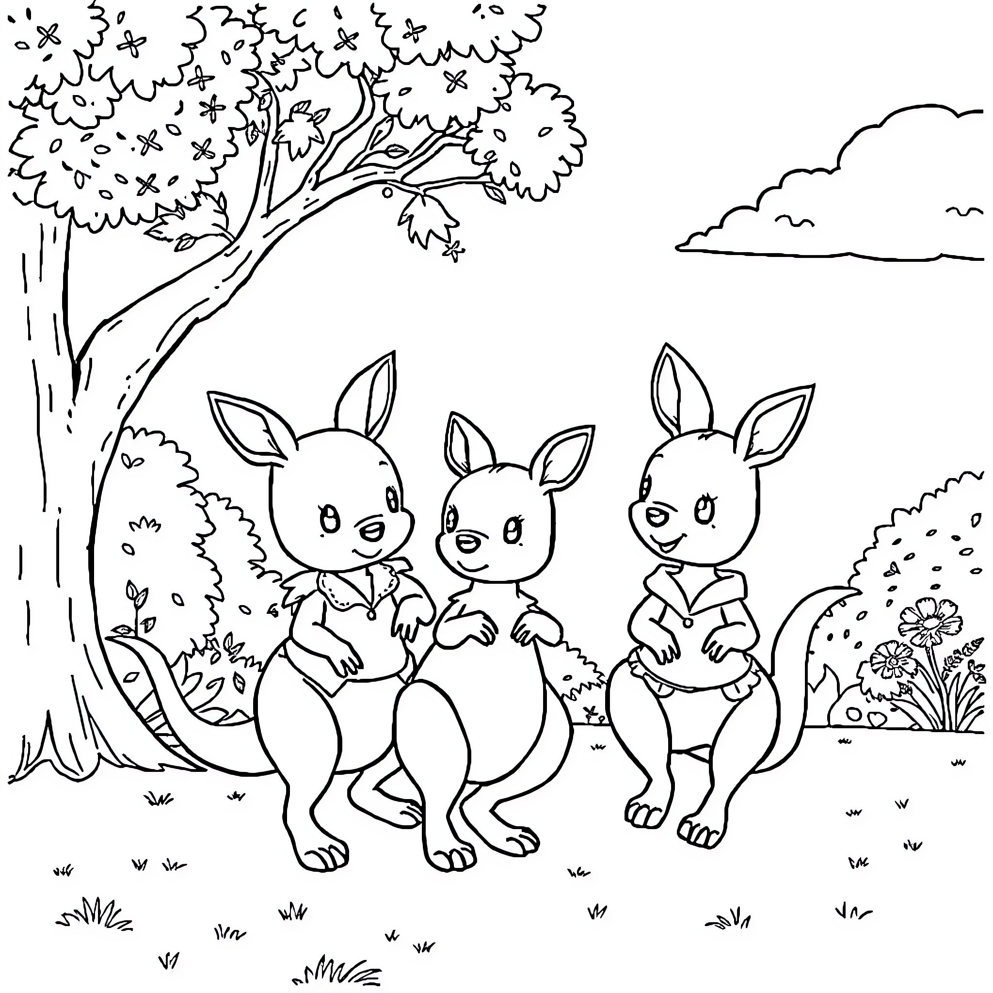 Kangaroos playing in the park Coloring Page (free black-and-white line drawing printable PDF for all, from beginners to advanced learners, including children, teens, adults, and seniors)