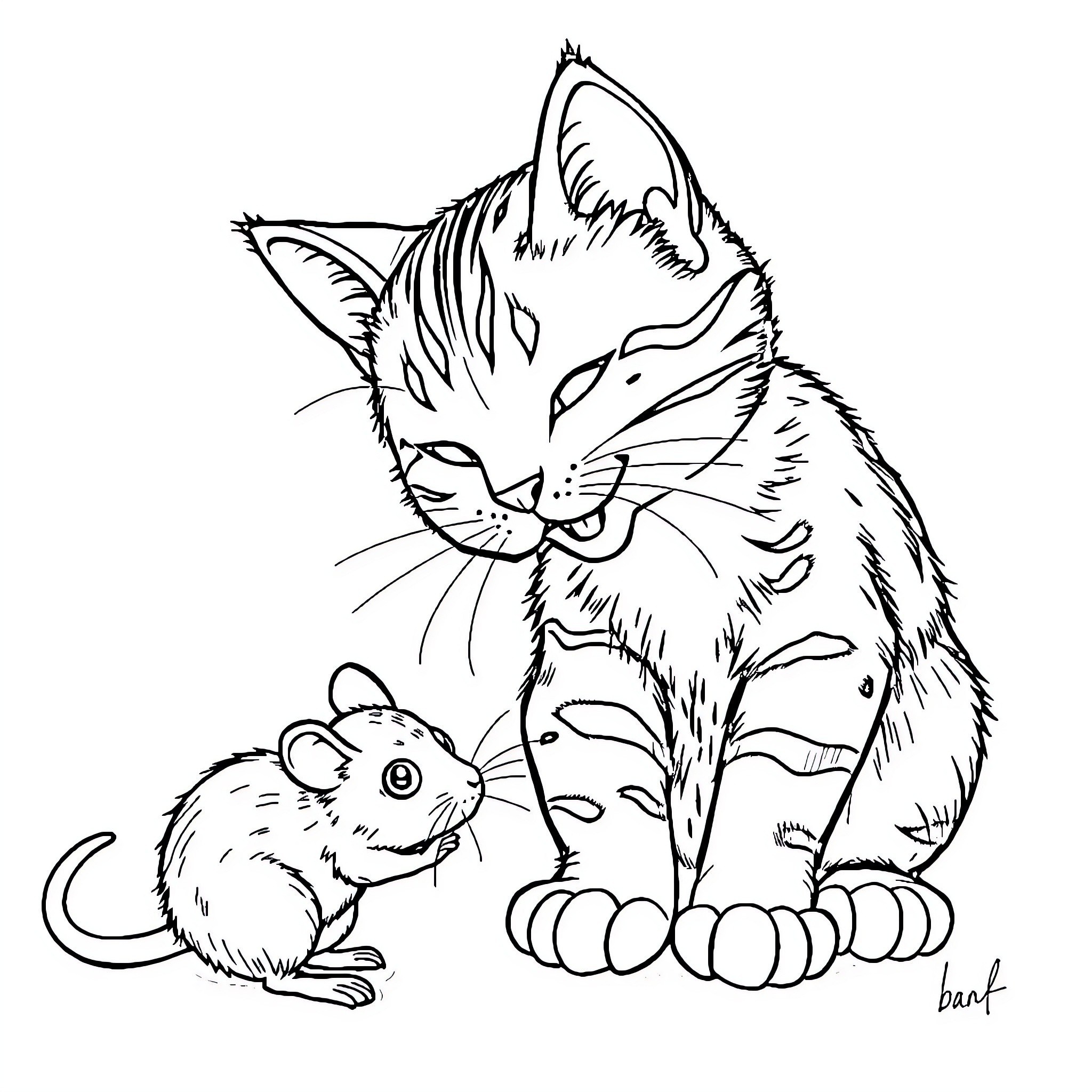 Tabby Cat Observing a Curious Mouse Coloring Page (free black-and-white line drawing printable PDF for all, from beginners to advanced learners, including children, teens, adults, and seniors)