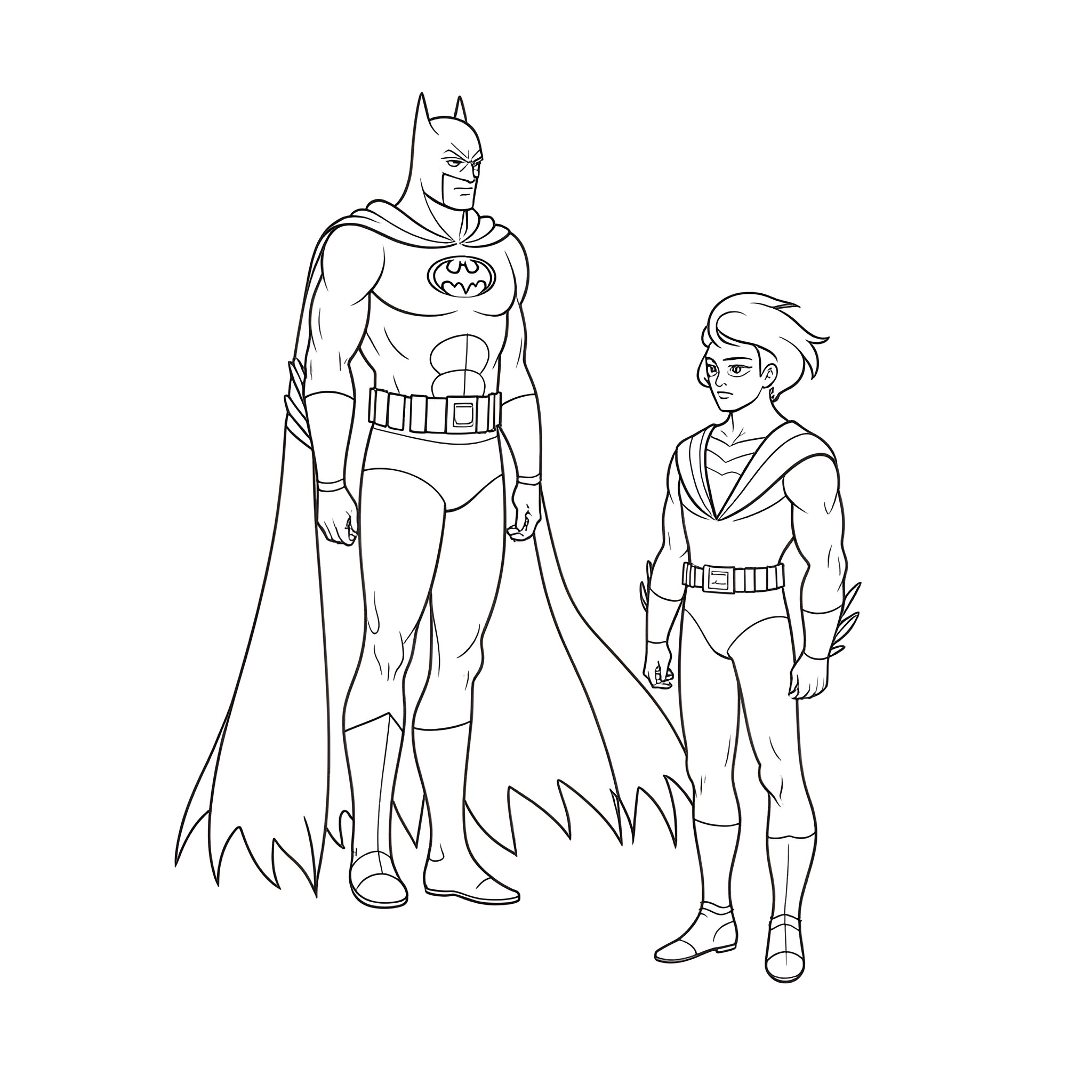 Batman and his young sidekick in action poses Coloring Page (free black-and-white line drawing printable PDF for all, from beginners to advanced learners, including children, teens, adults, and seniors)