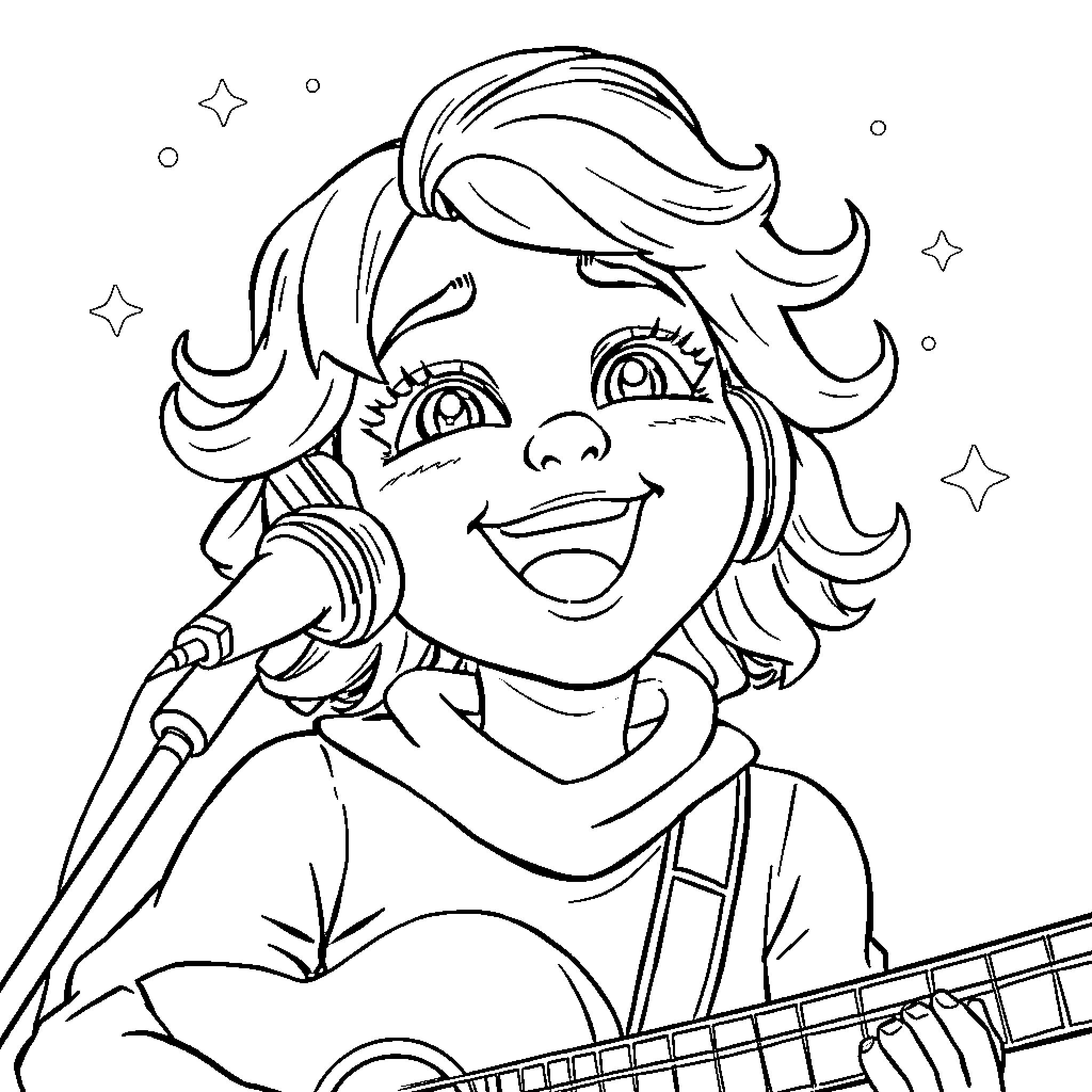 Bluey Singing and Playing Guitar Joyfully Coloring Page (free black-and-white line drawing printable PDF for all, from beginners to advanced learners, including children, teens, adults, and seniors)