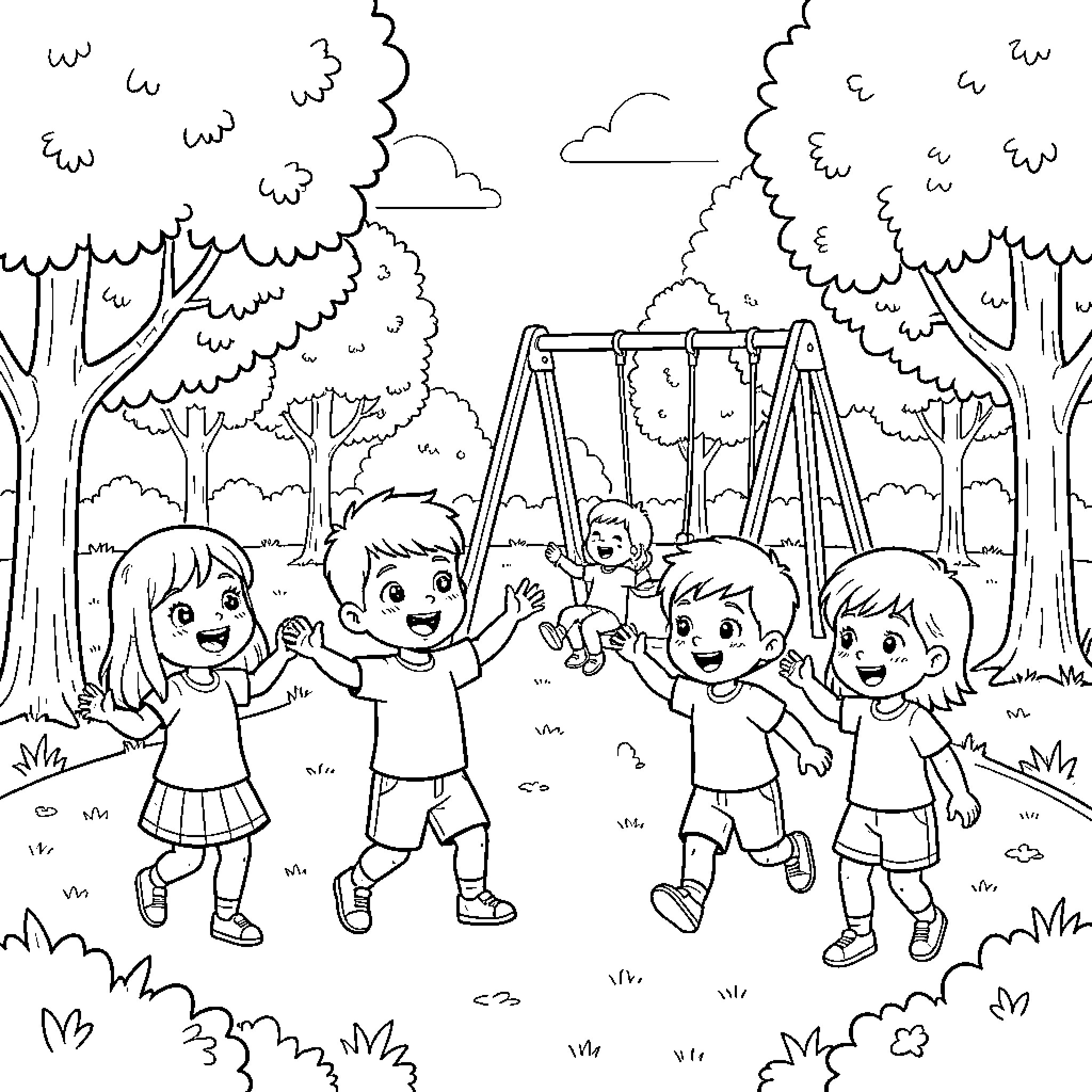 Niño and friends playing happily in a park Coloring Page (free black-and-white line drawing printable PDF for all, from beginners to advanced learners, including children, teens, adults, and seniors)