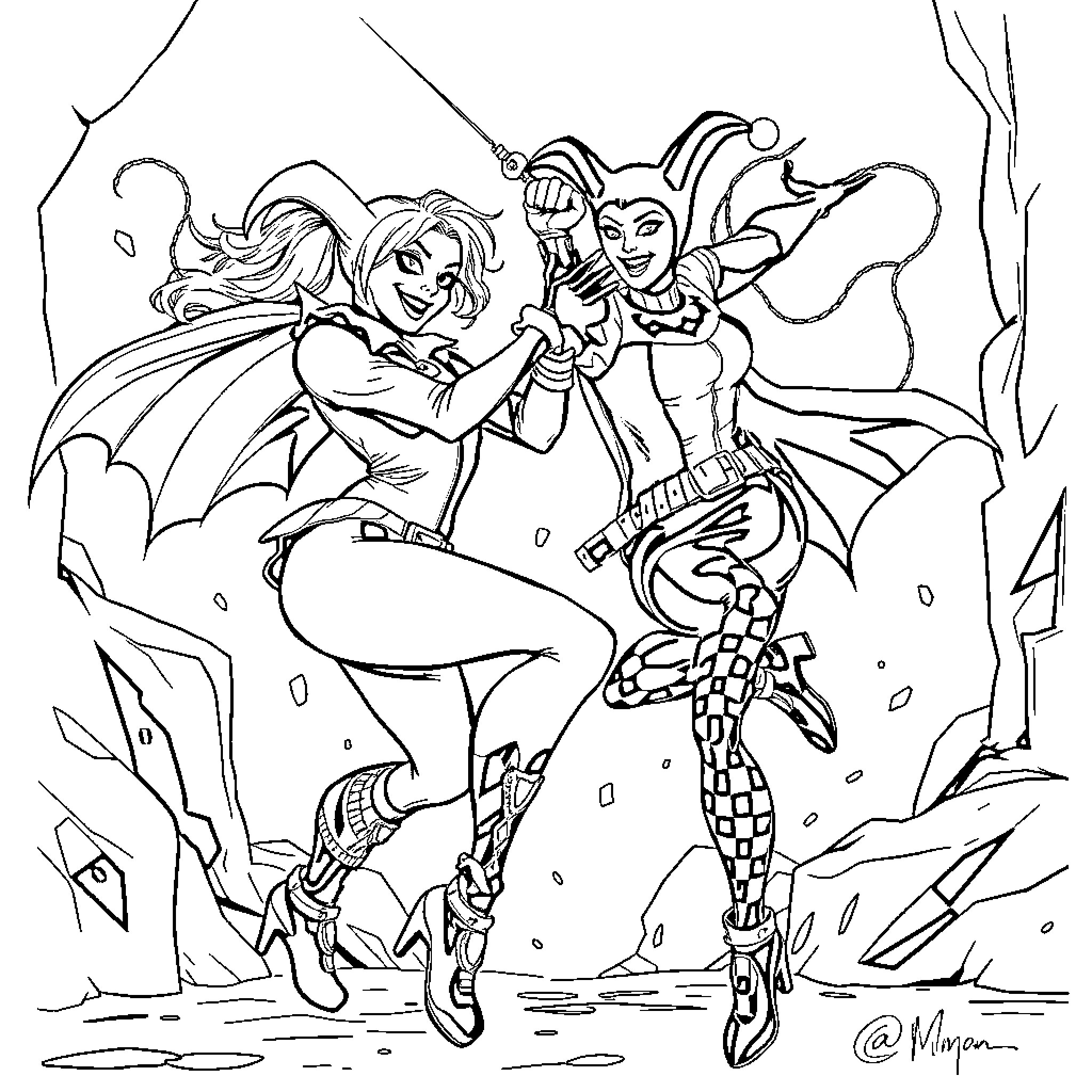 Harley Quinn and Poison Ivy in Playful Villain Embrace Coloring Page (free black-and-white line drawing printable PDF for all, from beginners to advanced learners, including children, teens, adults, and seniors)
