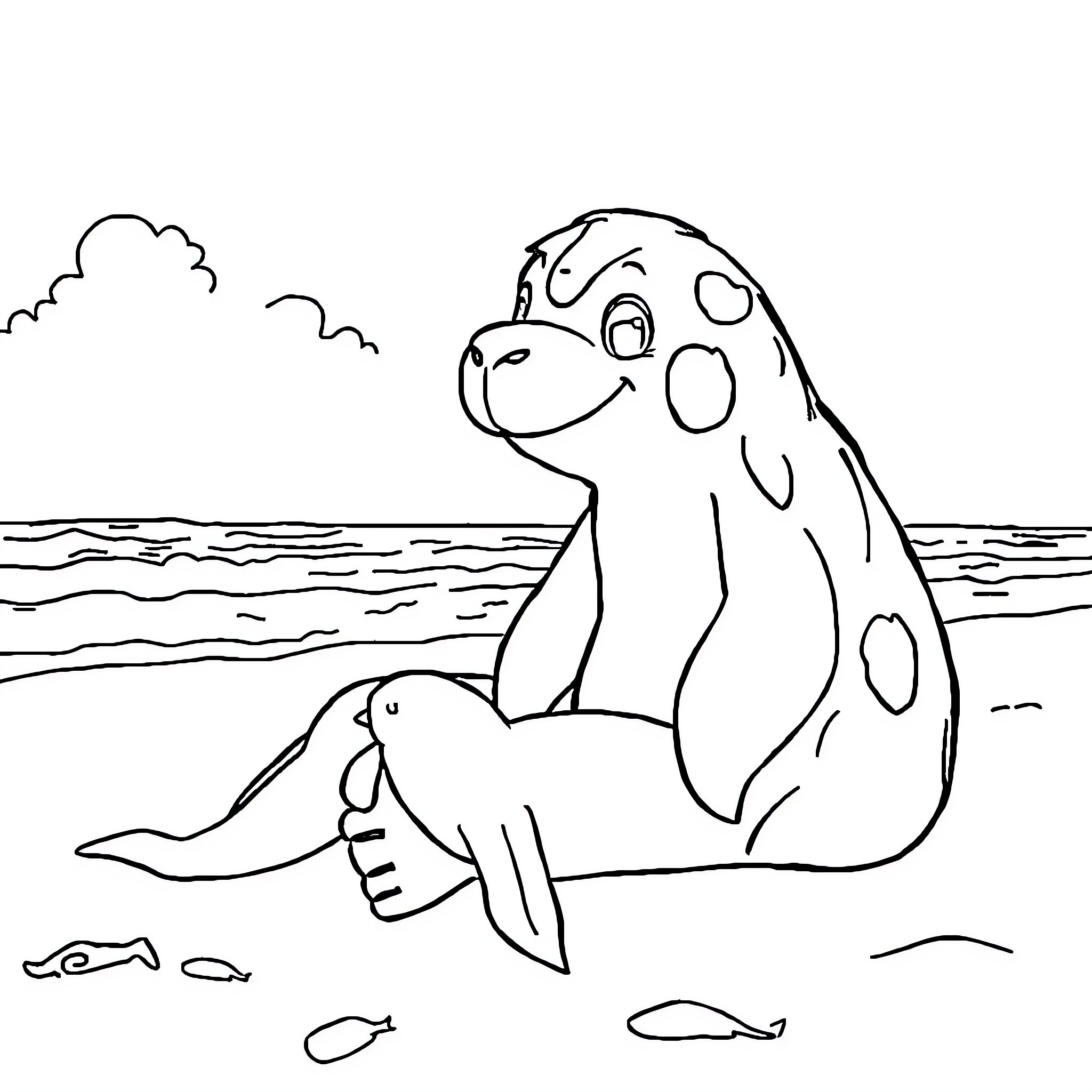 Labubu's Beach Adventure Coloring Page (free black-and-white line drawing printable PDF for all, from beginners to advanced learners, including children, teens, adults, and seniors)