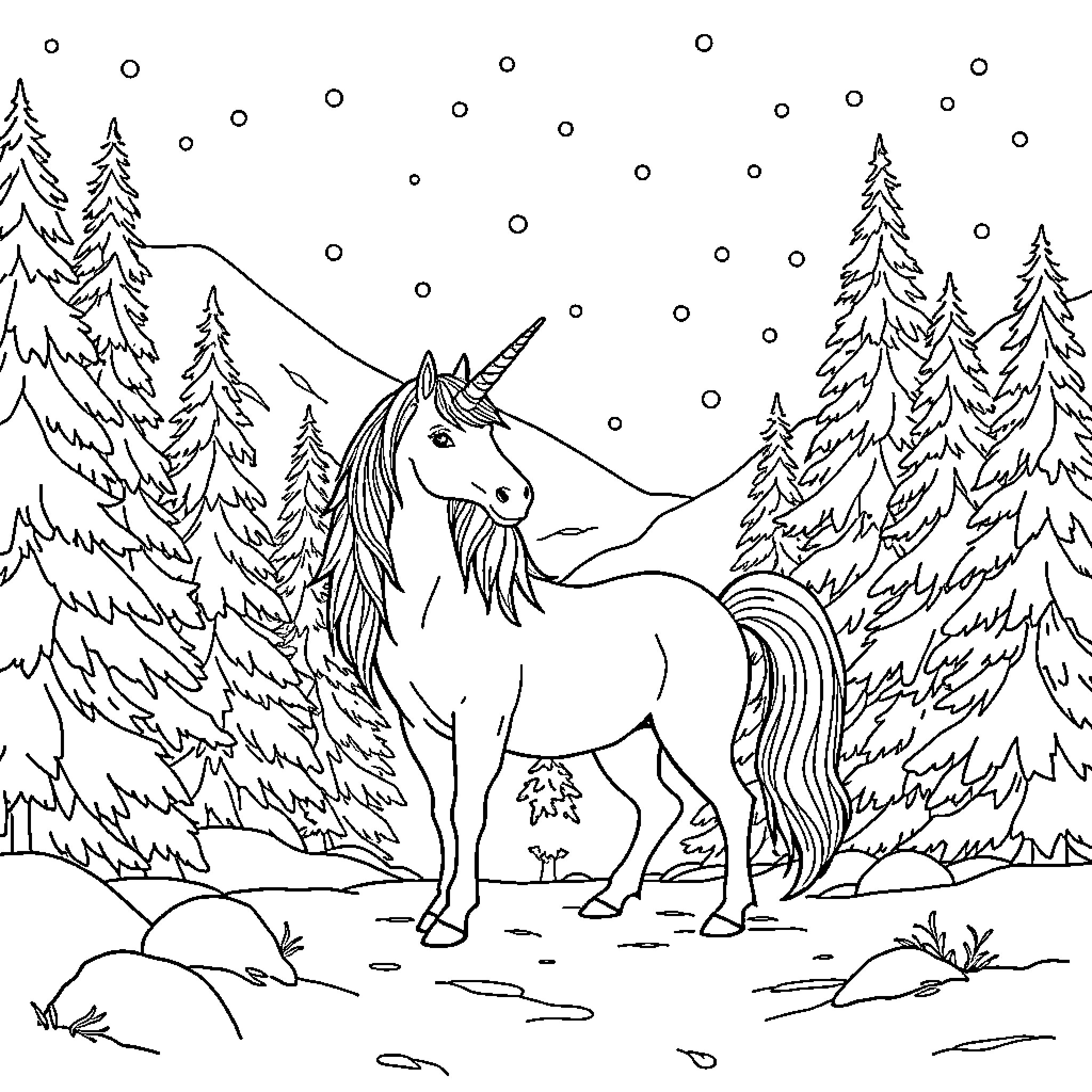 Unicorn in the Wintry Forest Coloring Page (free black-and-white line drawing printable PDF for all, from beginners to advanced learners, including children, teens, adults, and seniors)