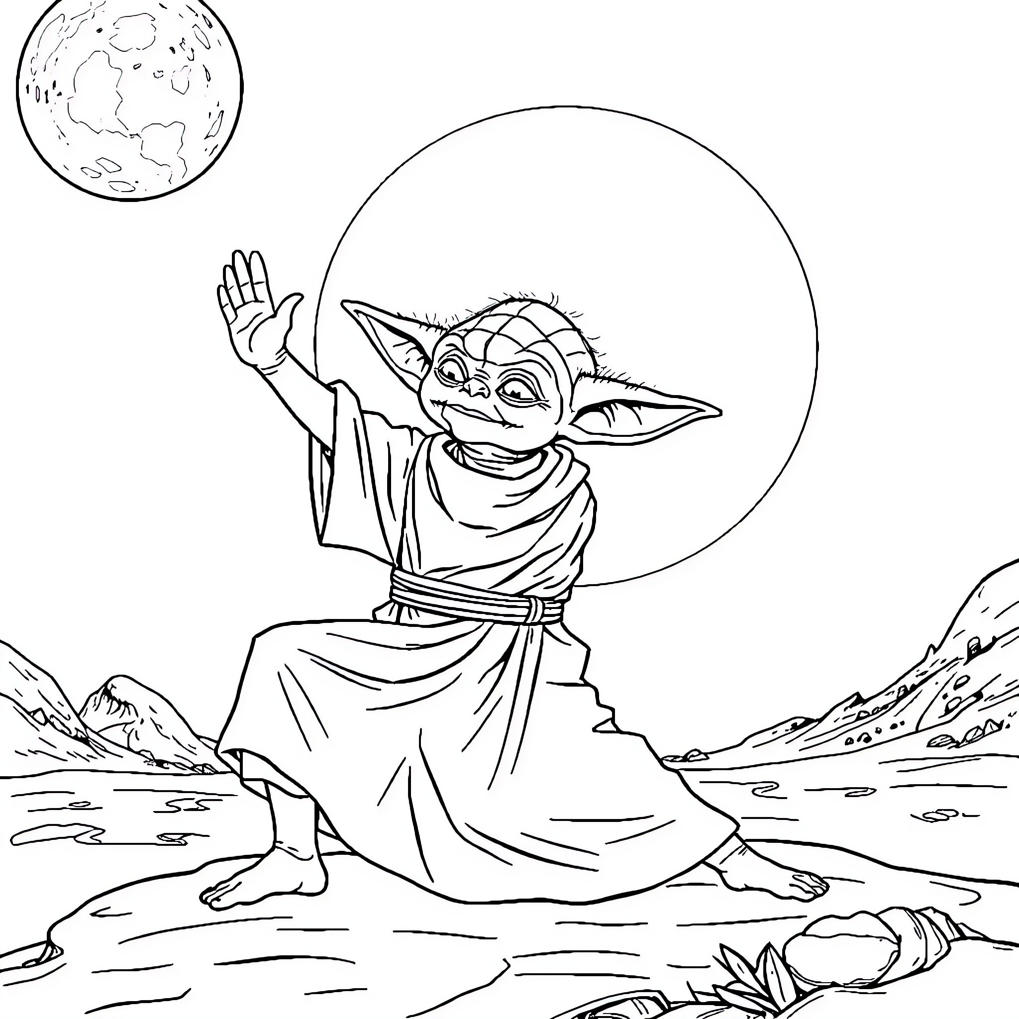 Yoda waving amidst serene landscape Coloring Page (free black-and-white line drawing printable PDF for all, from beginners to advanced learners, including children, teens, adults, and seniors)