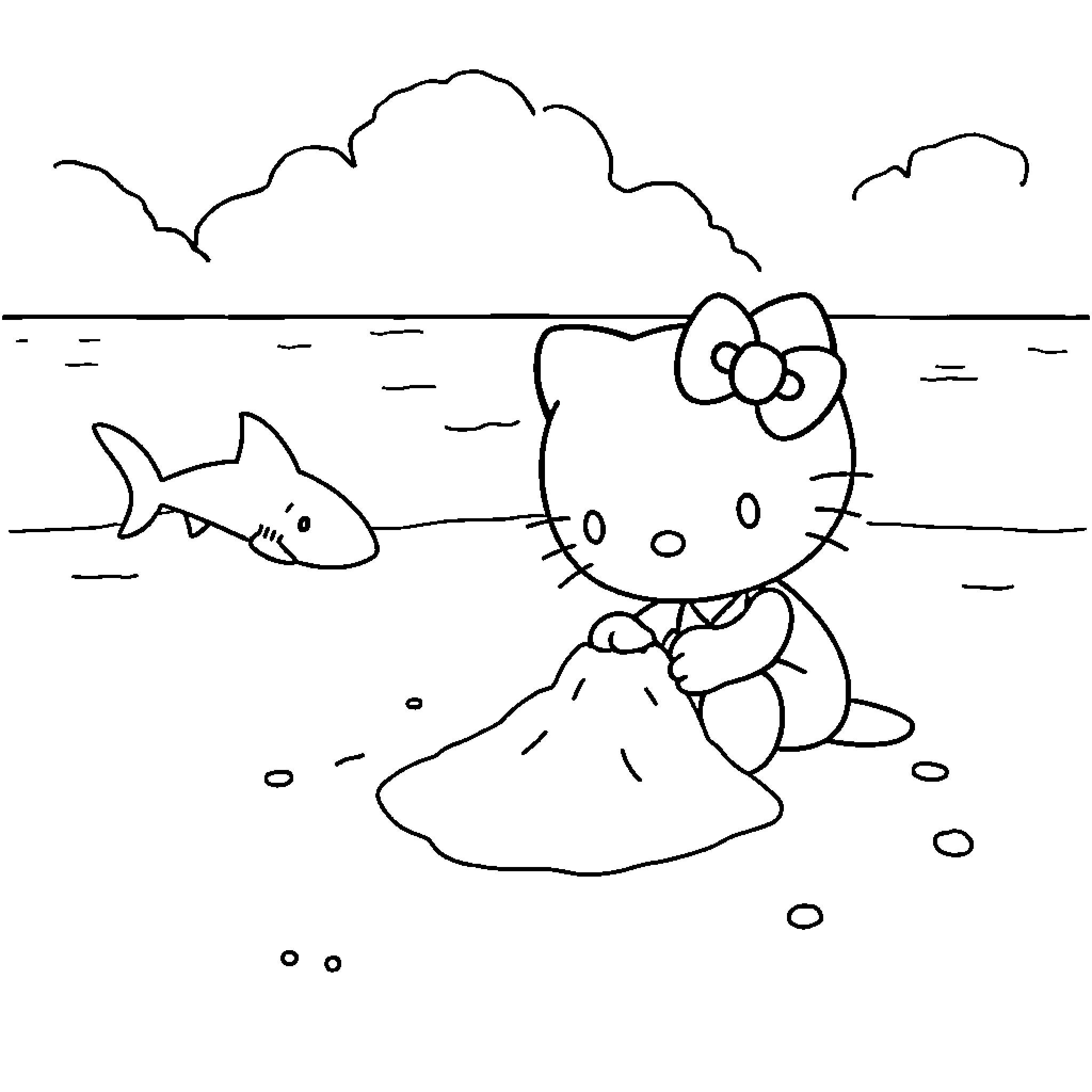 Hello Kitty enjoying the beach with sharks Coloring Page (free black-and-white line drawing printable PDF for all, from beginners to advanced learners, including children, teens, adults, and seniors)