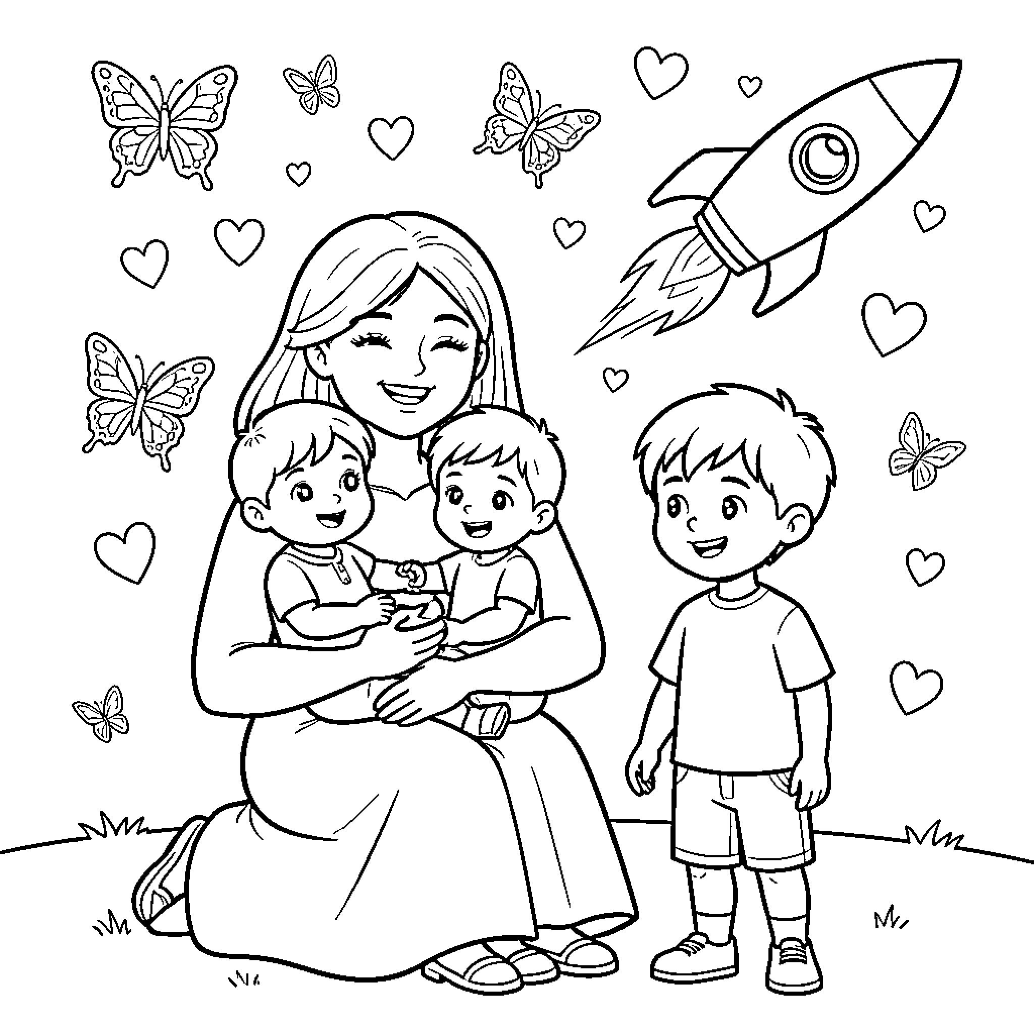 Mom hugging two toddlers while a young boy watches Coloring Page (free black-and-white line drawing printable PDF for all, from beginners to advanced learners, including children, teens, adults, and seniors)
