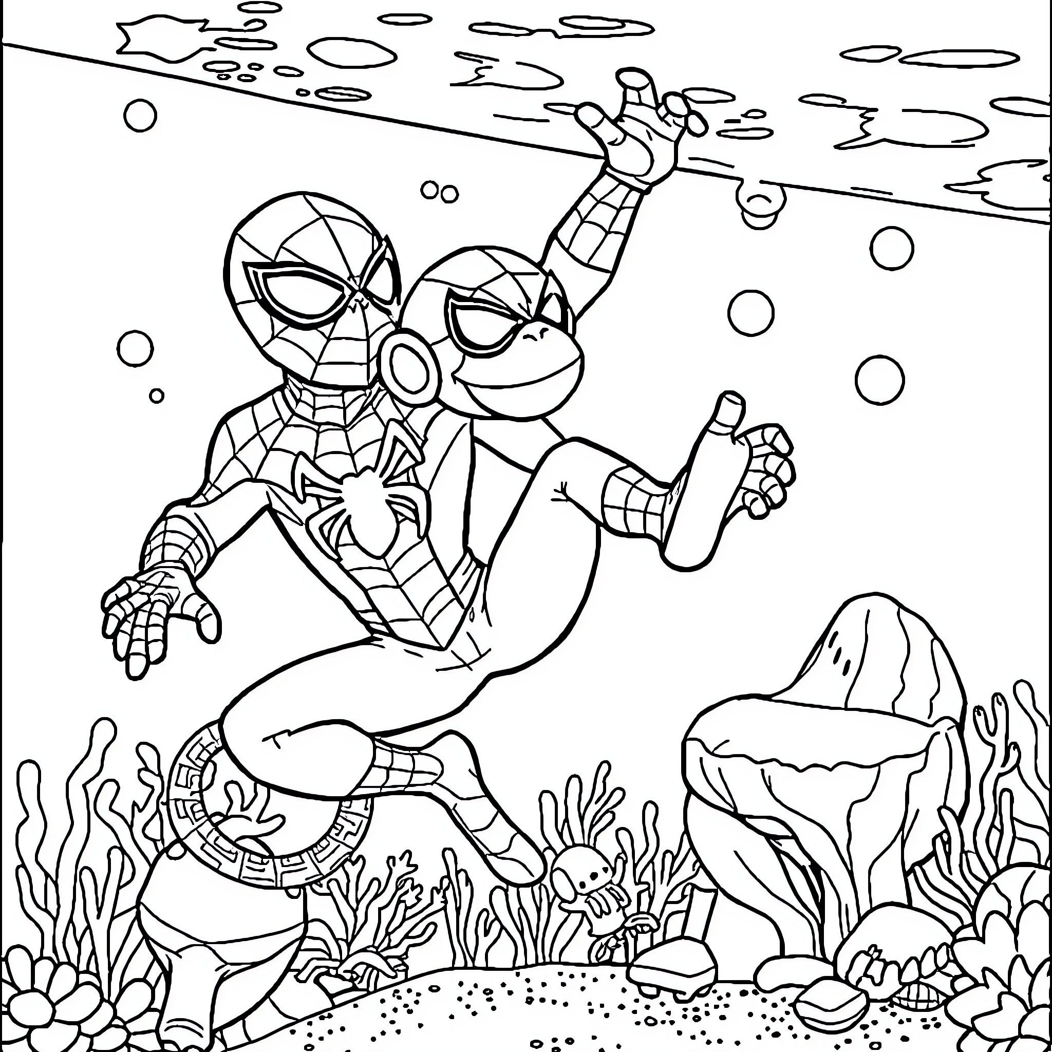 Spiderman underwater adventure with friends Coloring Page (free black-and-white line drawing printable PDF for all, from beginners to advanced learners, including children, teens, adults, and seniors)