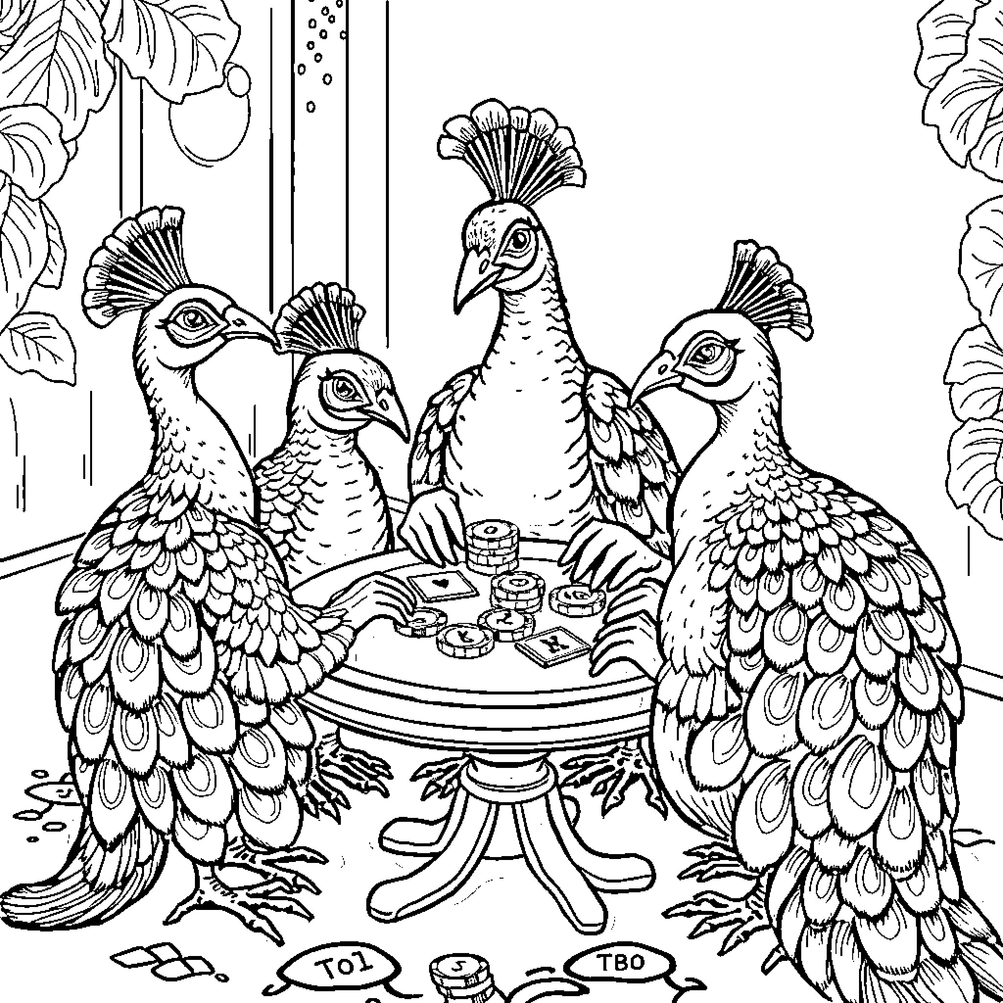 Peacocks Enjoying a Tea Party Coloring Page (free black-and-white line drawing printable PDF for all, from beginners to advanced learners, including children, teens, adults, and seniors)