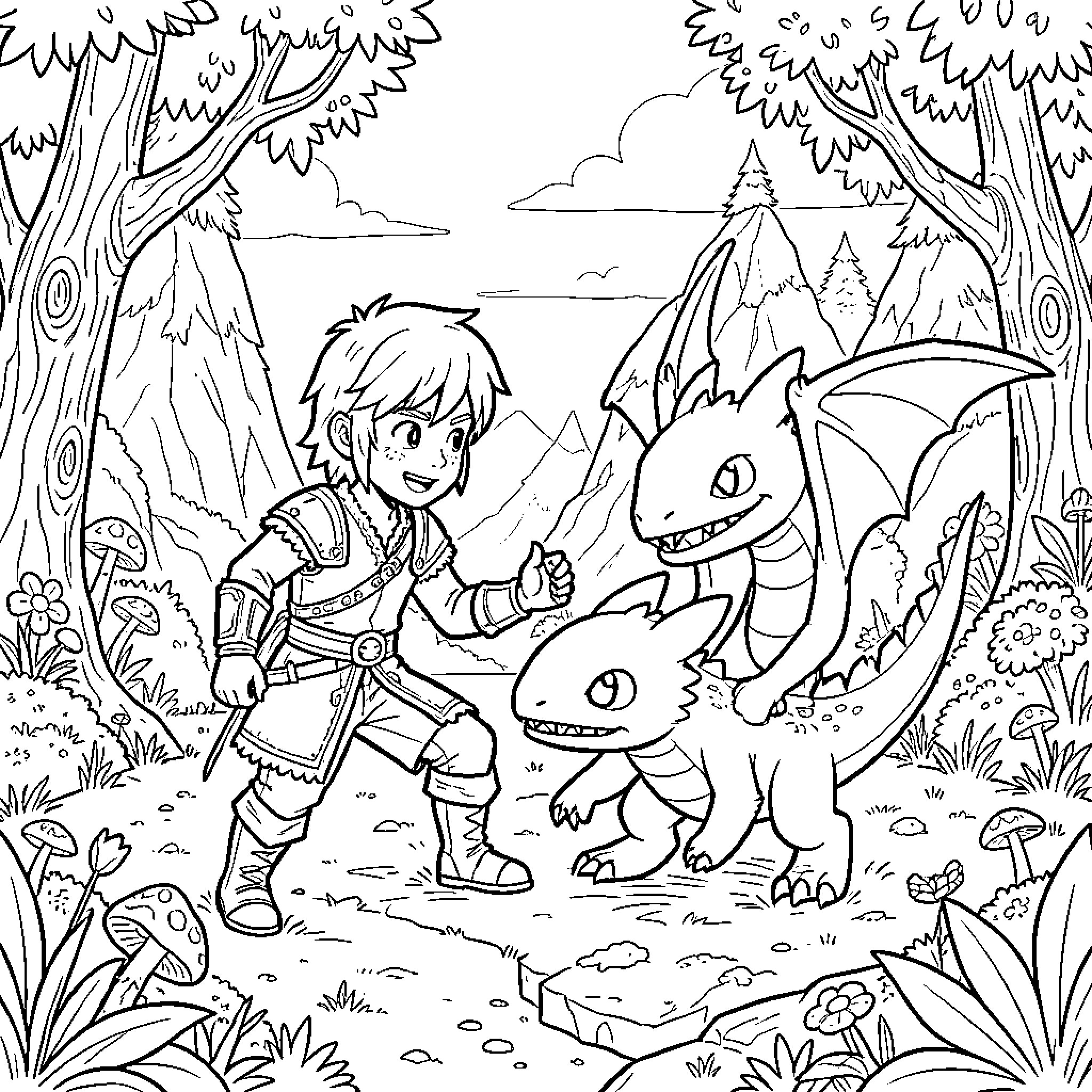 How to Train Your Dragon: Boy and Dragons Explore the Forest Coloring Page (free black-and-white line drawing printable PDF for all, from beginners to advanced learners, including children, teens, adults, and seniors)