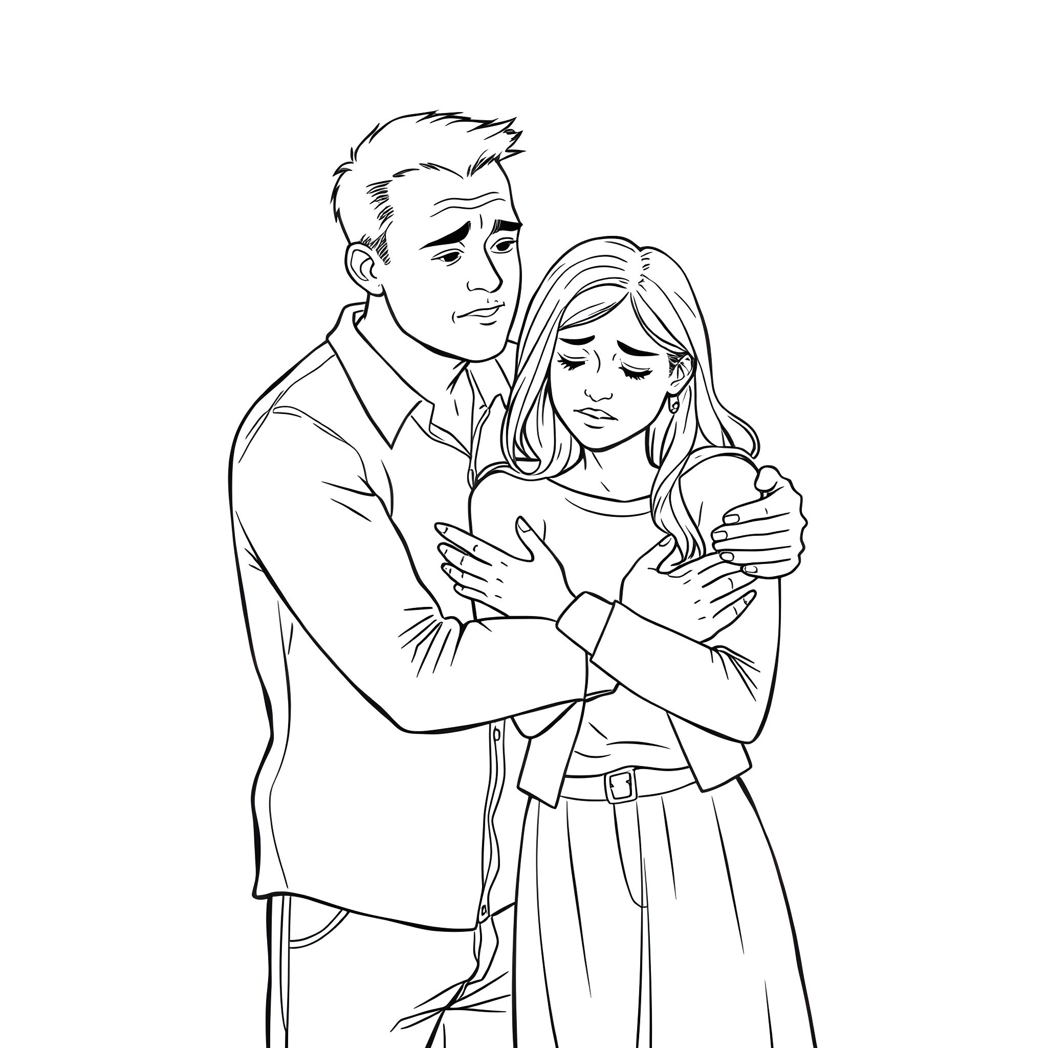 Wife comforts husband in distress Coloring Page (free black-and-white line drawing printable PDF for all, from beginners to advanced learners, including children, teens, adults, and seniors)