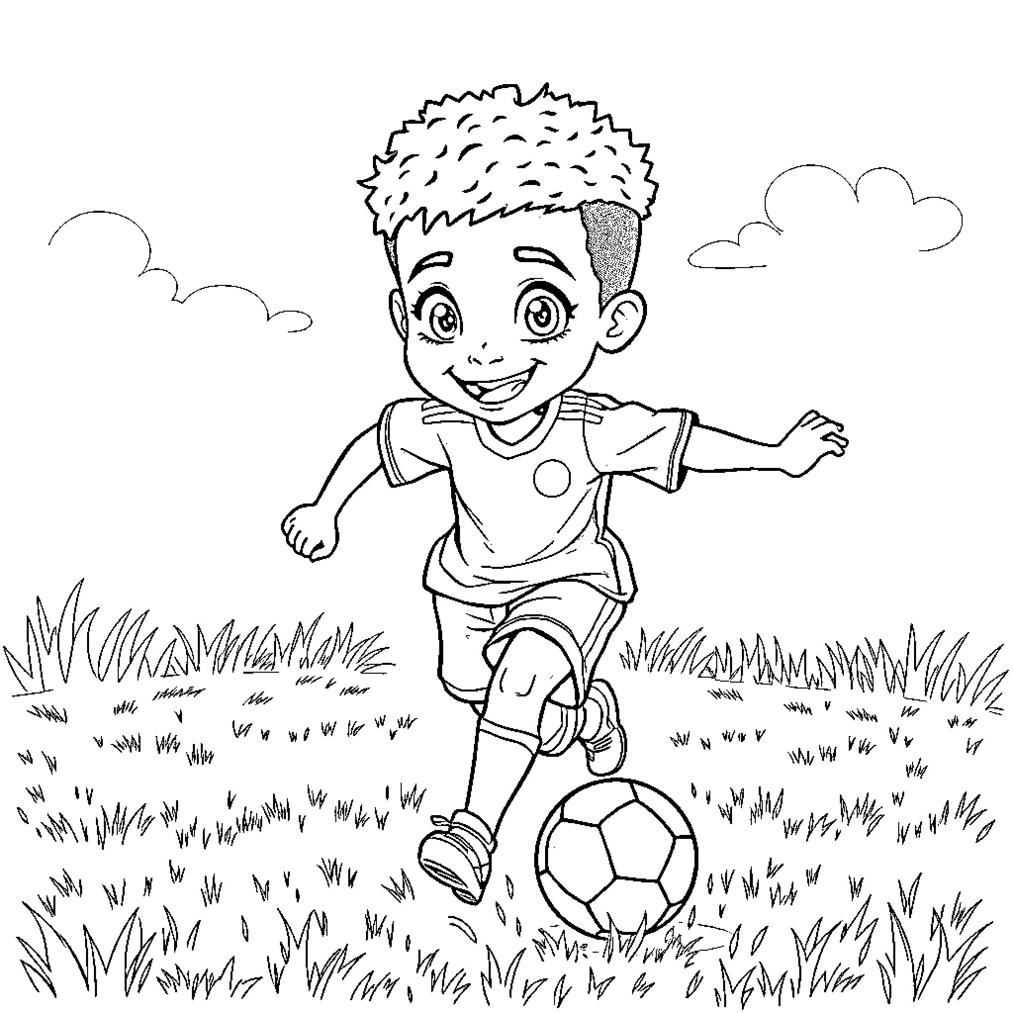 Meguru Bachira playing joyfully with a soccer ball Coloring Page (free black-and-white line drawing printable PDF for all, from beginners to advanced learners, including children, teens, adults, and seniors)