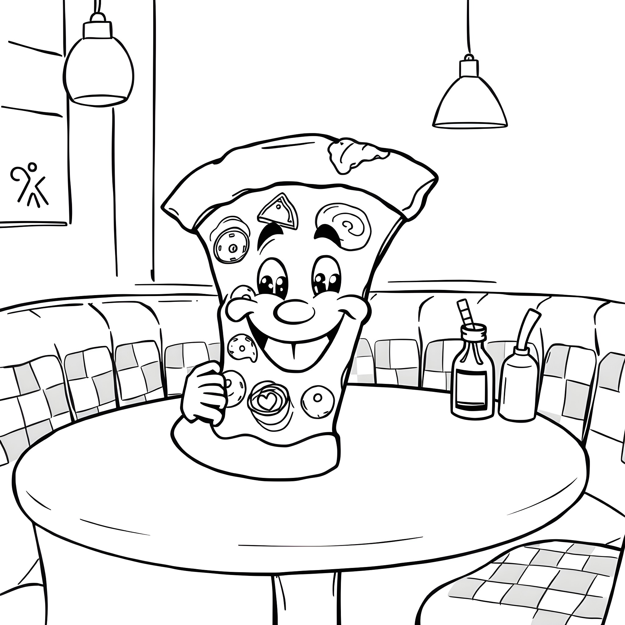 Pizza chef happily preparing pizza in the kitchen Coloring Page (free black-and-white line drawing printable PDF for all, from beginners to advanced learners, including children, teens, adults, and seniors)