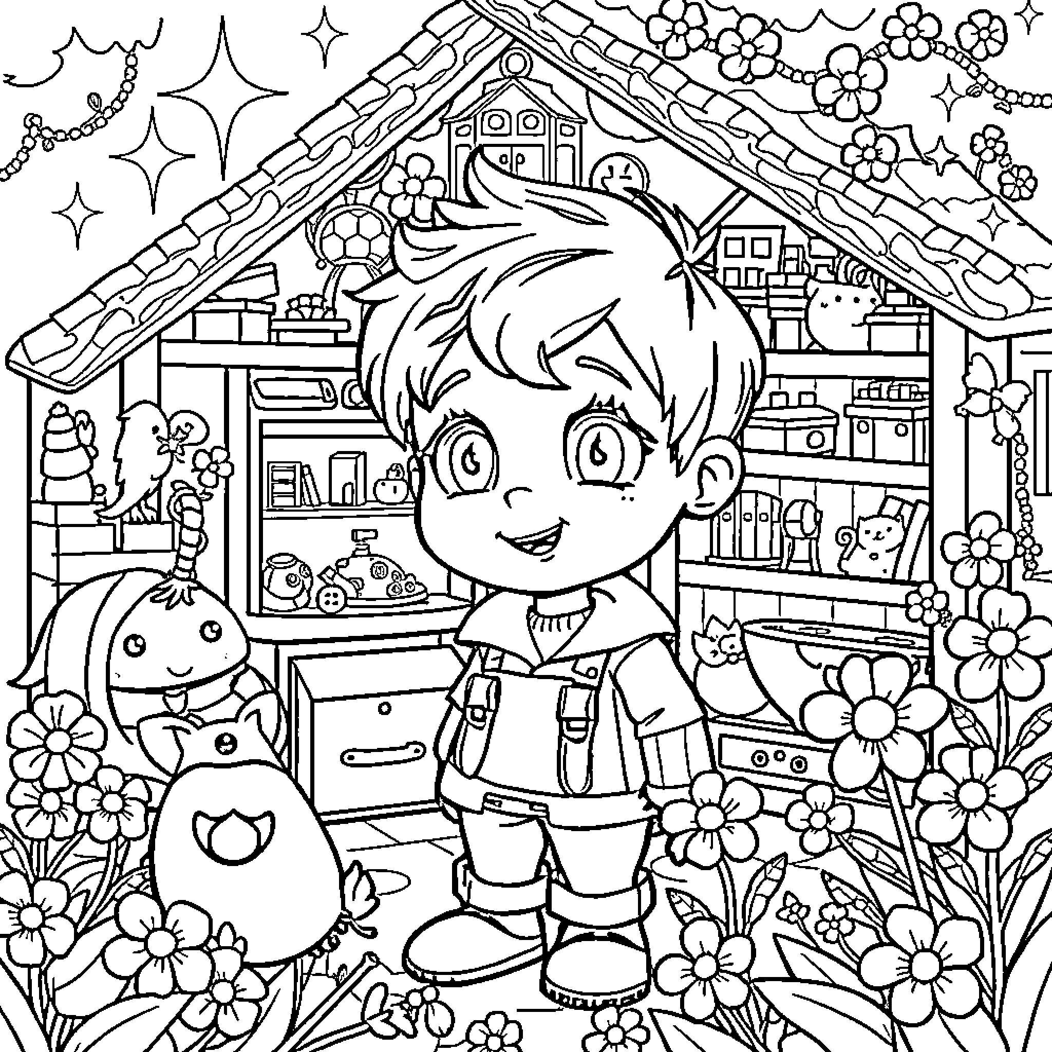 Boy exploring a whimsical, floral wonderland Coloring Page (free black-and-white line drawing printable PDF for all, from beginners to advanced learners, including children, teens, adults, and seniors)