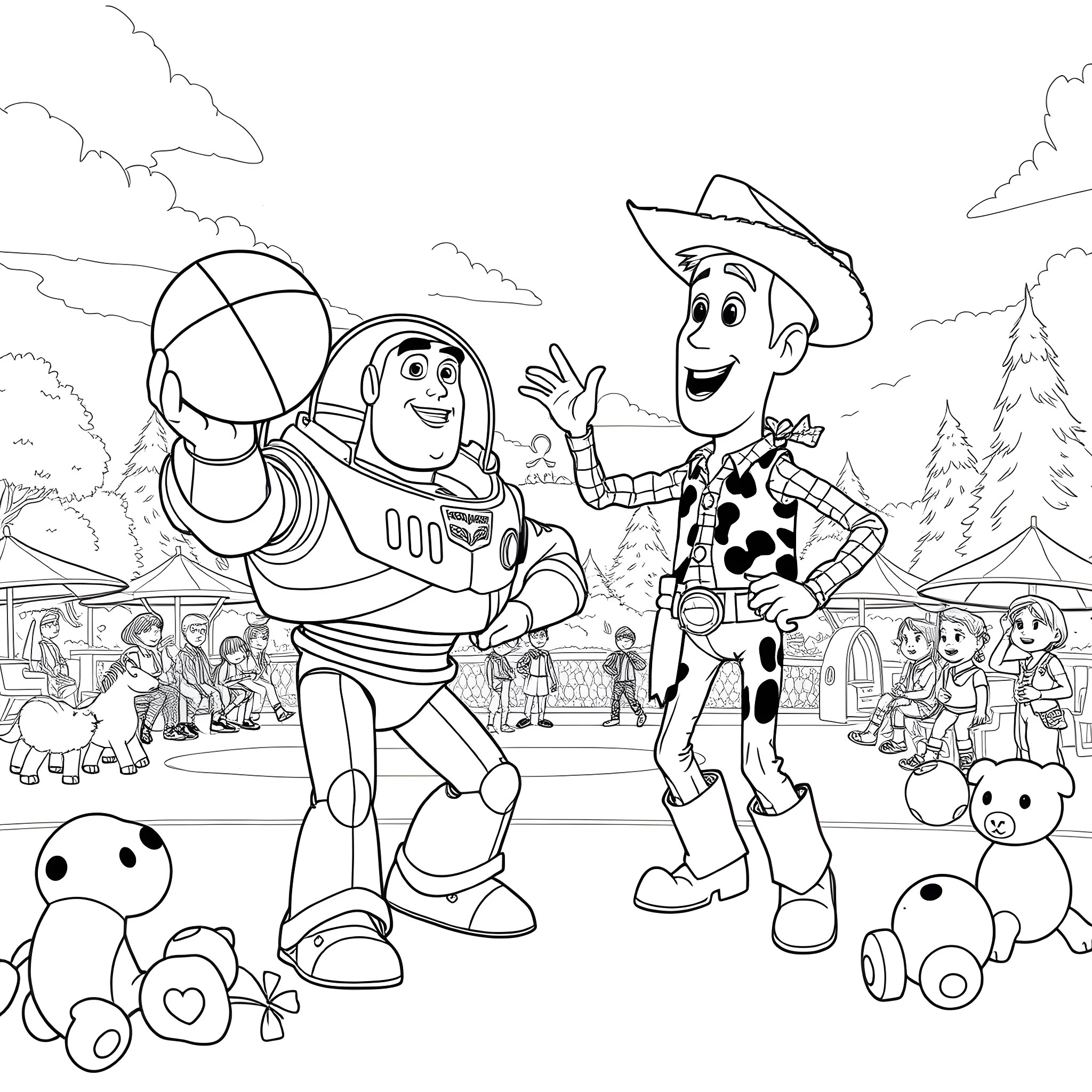 Buzz Lightyear and Woody interacting in a cheerful outdoor scene Coloring Page (free black-and-white line drawing printable PDF for all, from beginners to advanced learners, including children, teens, adults, and seniors)
