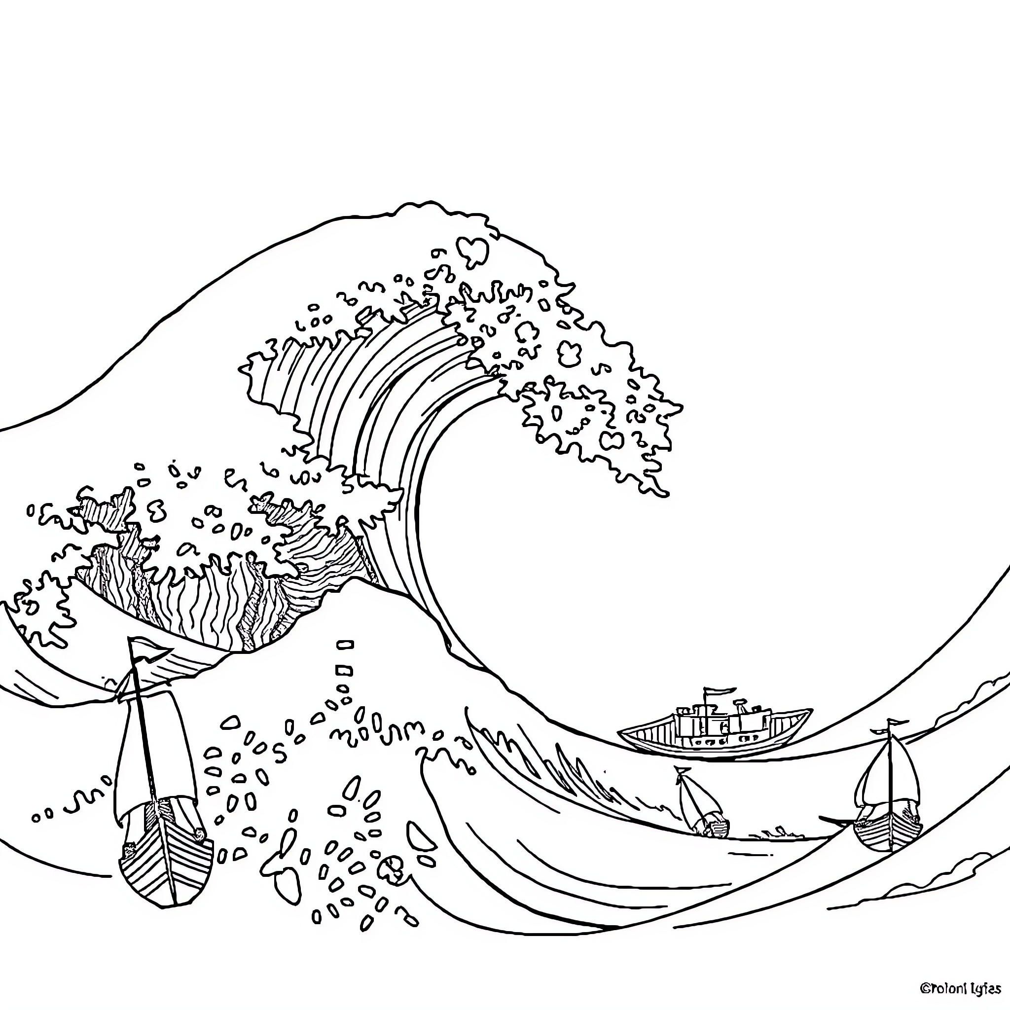 Wave crashing with ships and boats Coloring Page (free black-and-white line drawing printable PDF for all, from beginners to advanced learners, including children, teens, adults, and seniors)