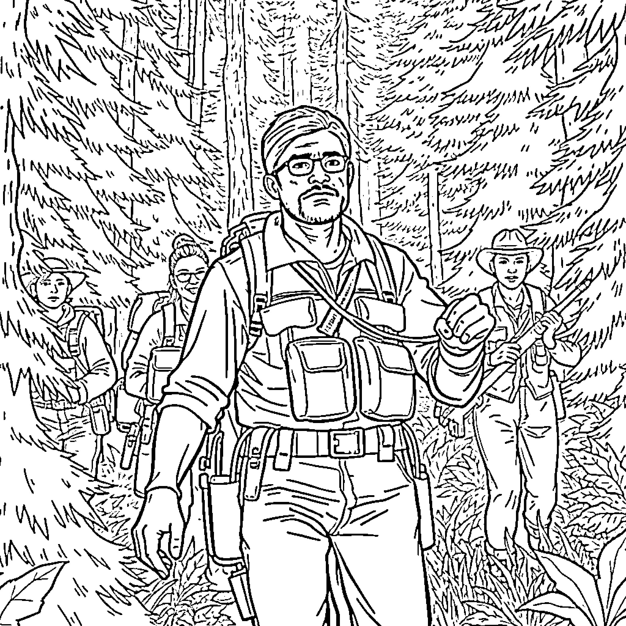 Leader of a tactical group in the wilderness Coloring Page (free black-and-white line drawing printable PDF for all, from beginners to advanced learners, including children, teens, adults, and seniors)