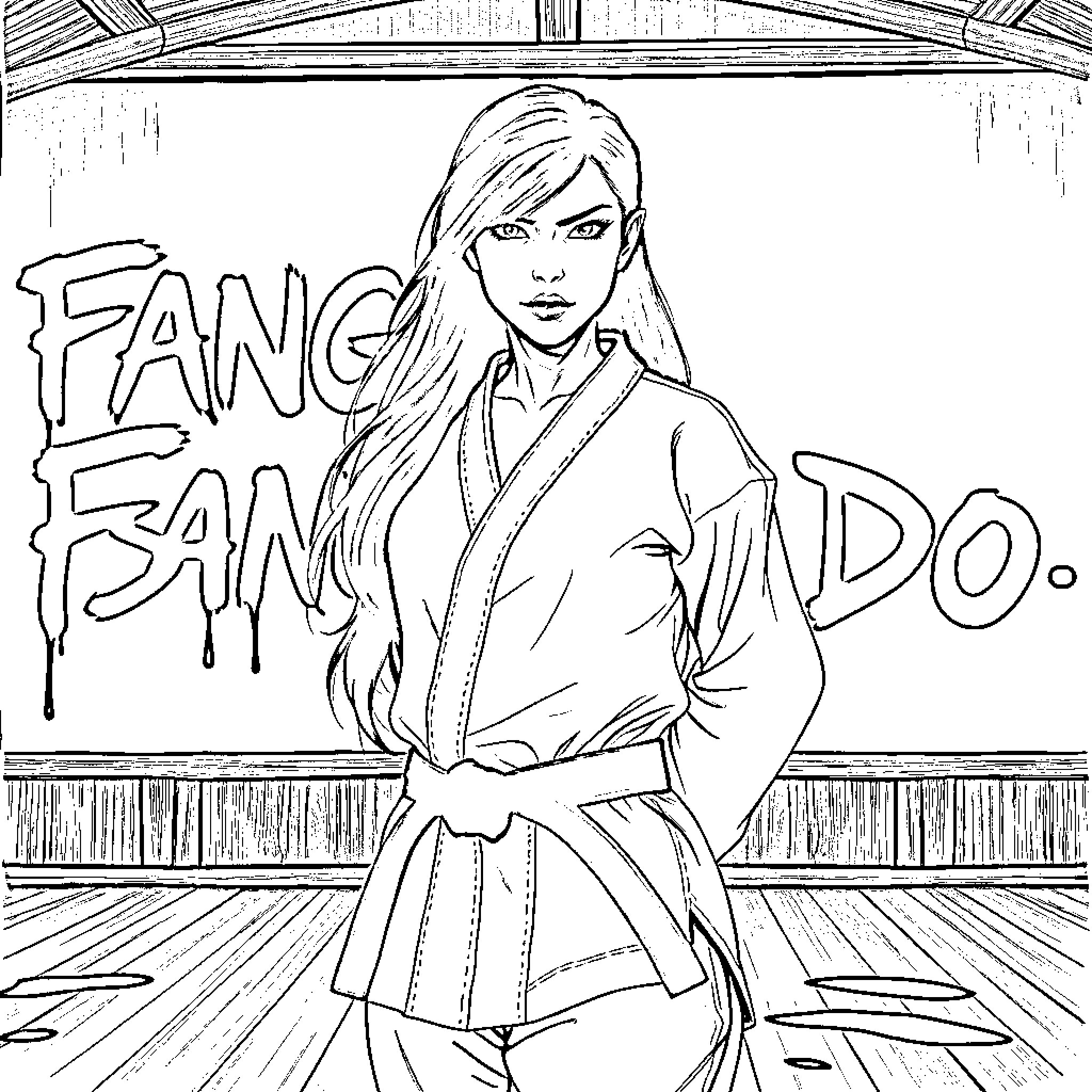 Vampire Warrior Woman in Fierce Battle Stance Coloring Page (free black-and-white line drawing printable PDF for all, from beginners to advanced learners, including children, teens, adults, and seniors)