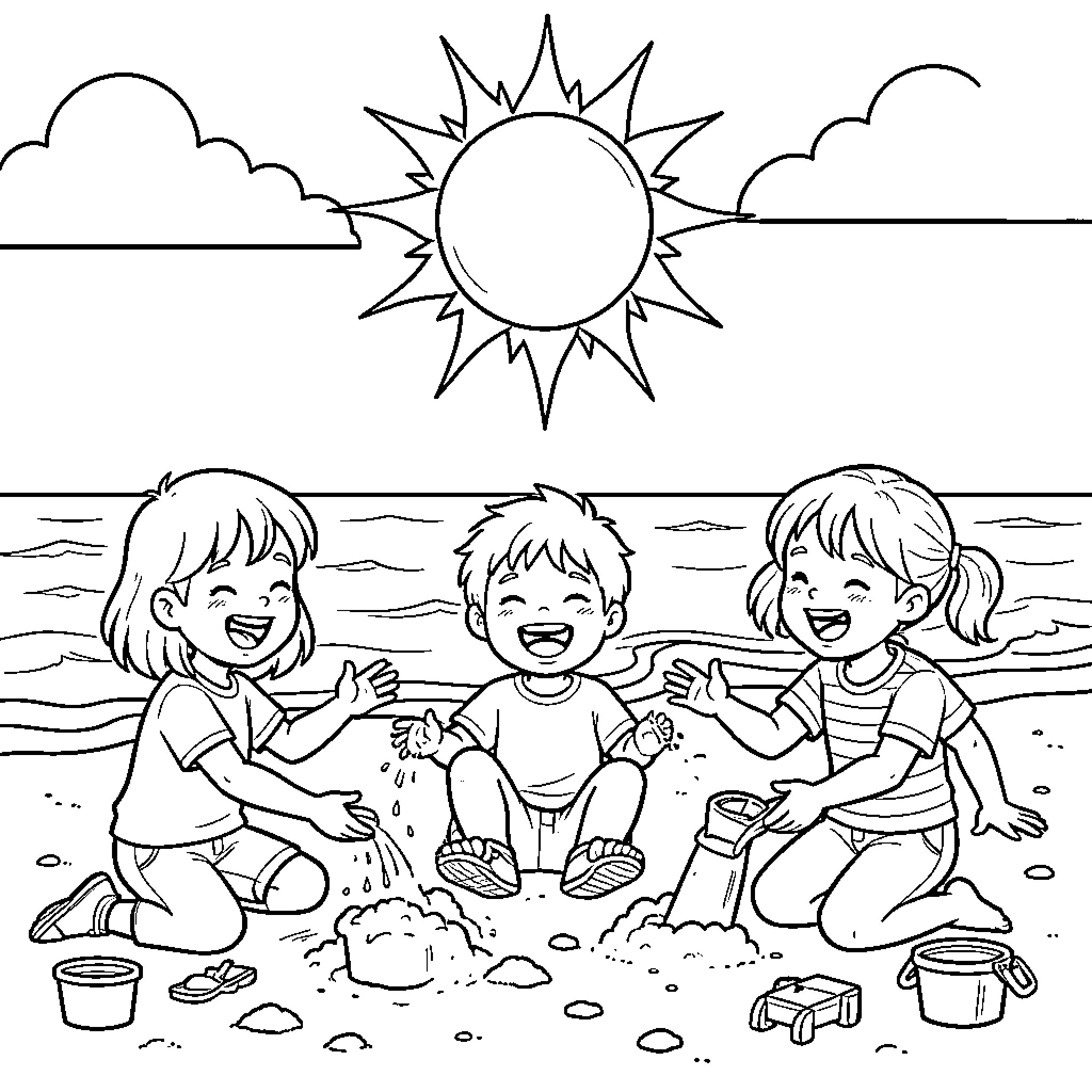Sun shining brightly while children play in the sand Coloring Page (free black-and-white line drawing printable PDF for all, from beginners to advanced learners, including children, teens, adults, and seniors)