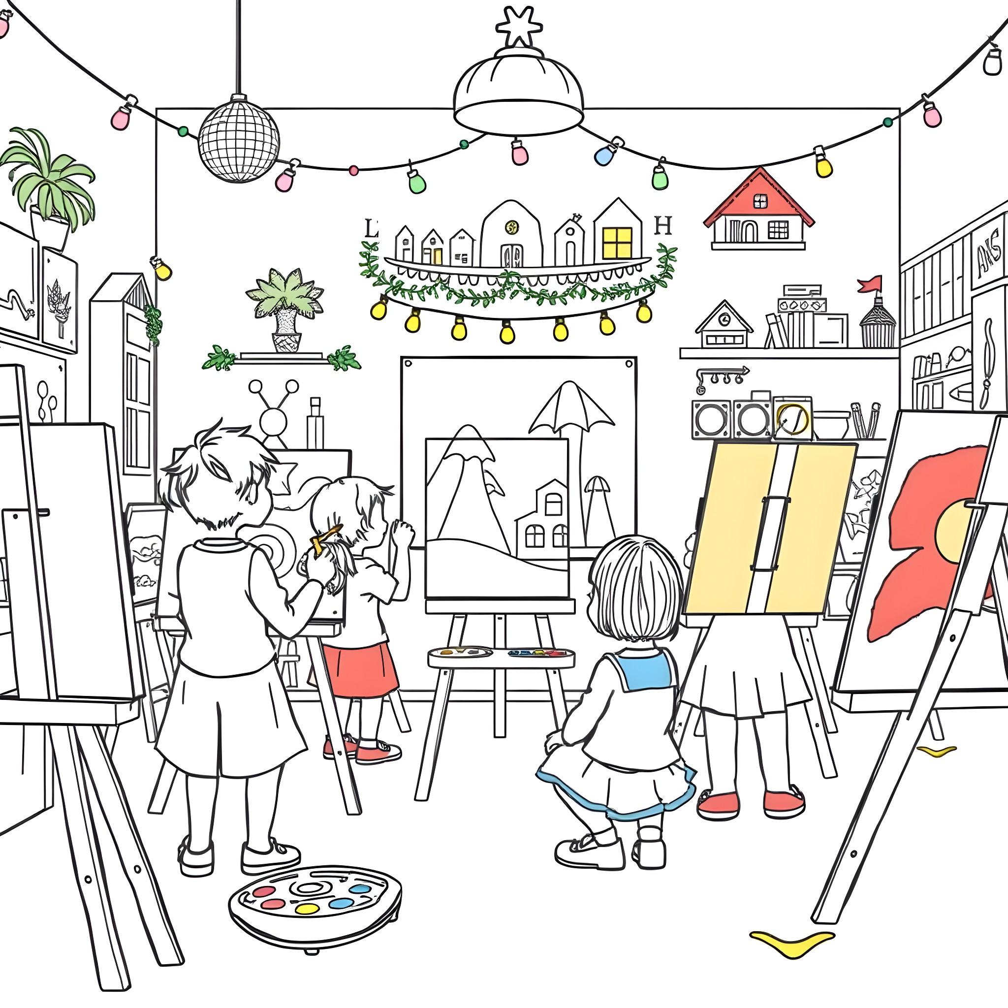 Kid artists creating artworks in a colorful studio Coloring Page (free black-and-white line drawing printable PDF for all, from beginners to advanced learners, including children, teens, adults, and seniors)