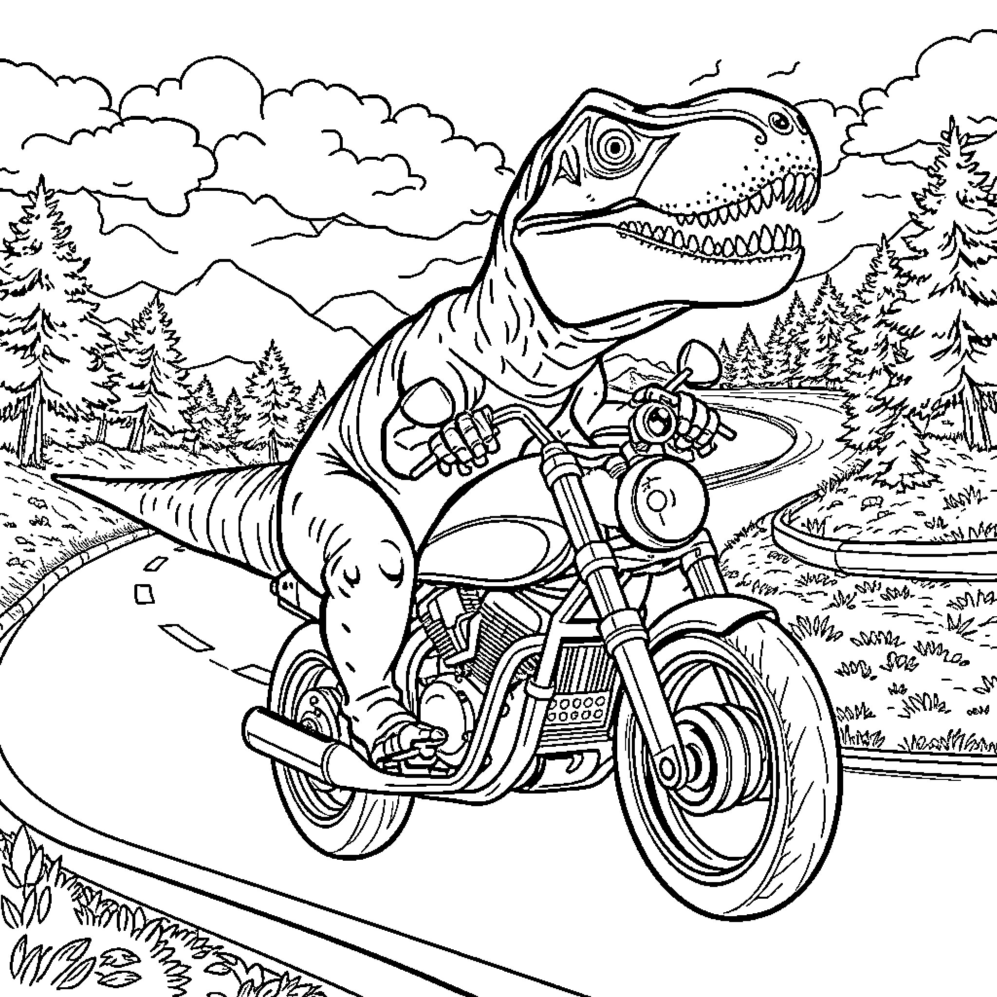 Tyrannosaurus Rex riding motorcycle through scenic landscape Coloring Page (free black-and-white line drawing printable PDF for all, from beginners to advanced learners, including children, teens, adults, and seniors)