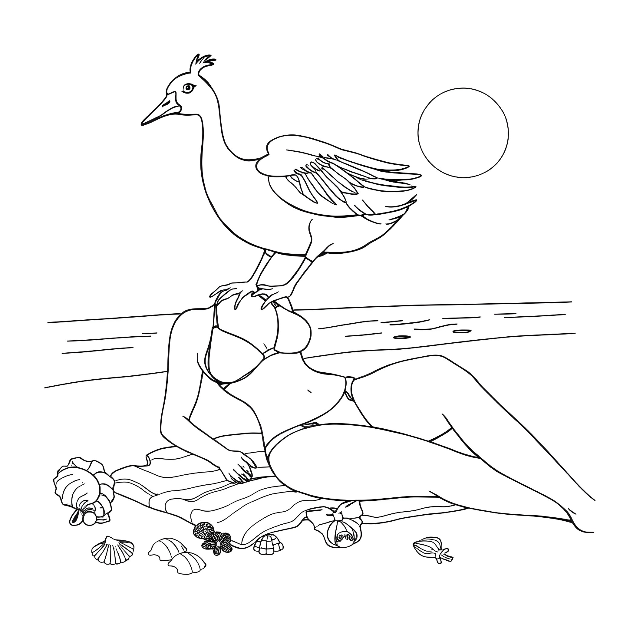 Goose perched near relaxing person on the beach Coloring Page (free black-and-white line drawing printable PDF for all, from beginners to advanced learners, including children, teens, adults, and seniors)