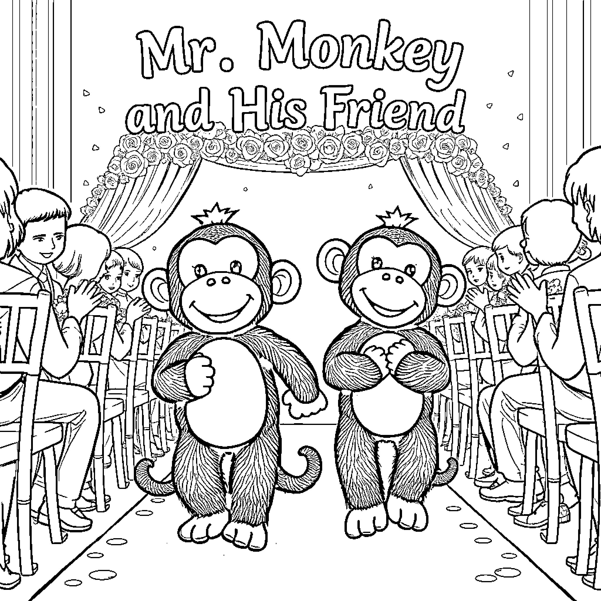Monkey performers and their show Coloring Page (free black-and-white line drawing printable PDF for all, from beginners to advanced learners, including children, teens, adults, and seniors)