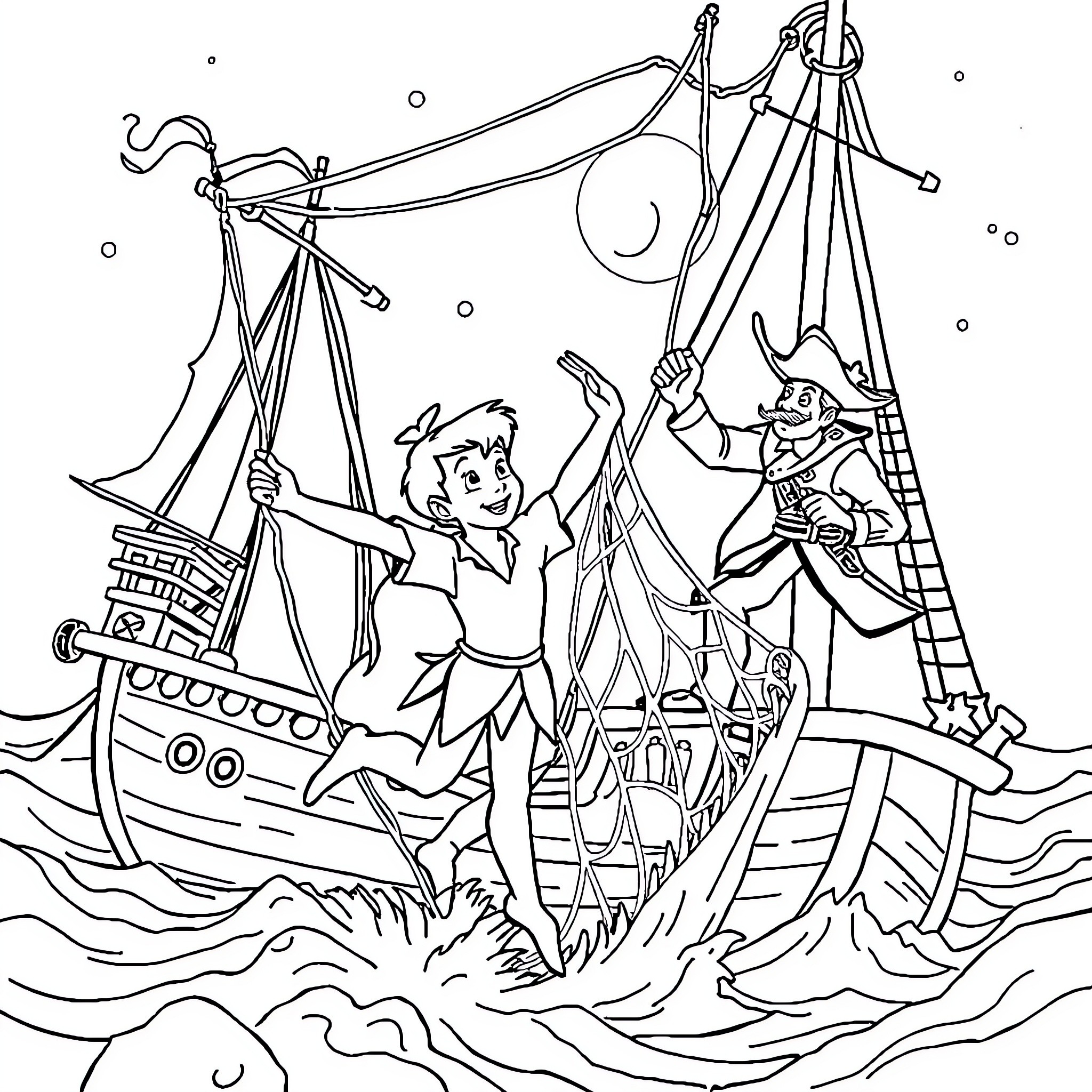 Peter Pan's Swashbuckling Adventure on the High Seas Coloring Page (free black-and-white line drawing printable PDF for all, from beginners to advanced learners, including children, teens, adults, and seniors)