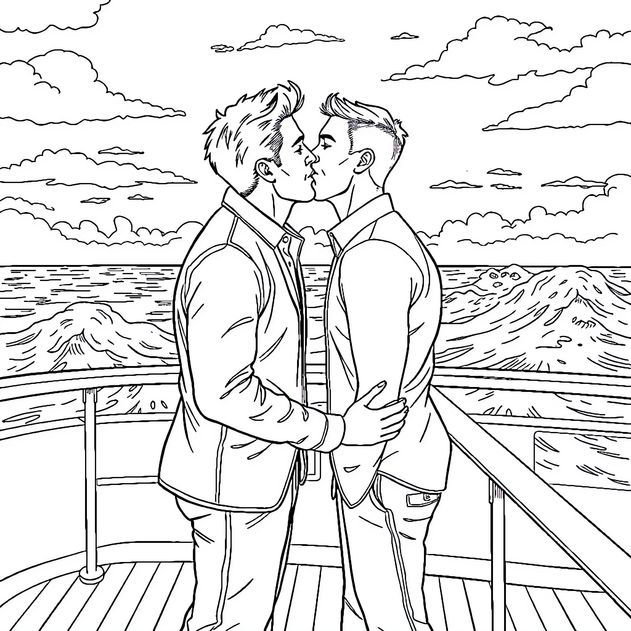 Man sharing intimate moment with another man on a boardwalk Coloring Page (free black-and-white line drawing printable PDF for all, from beginners to advanced learners, including children, teens, adults, and seniors)