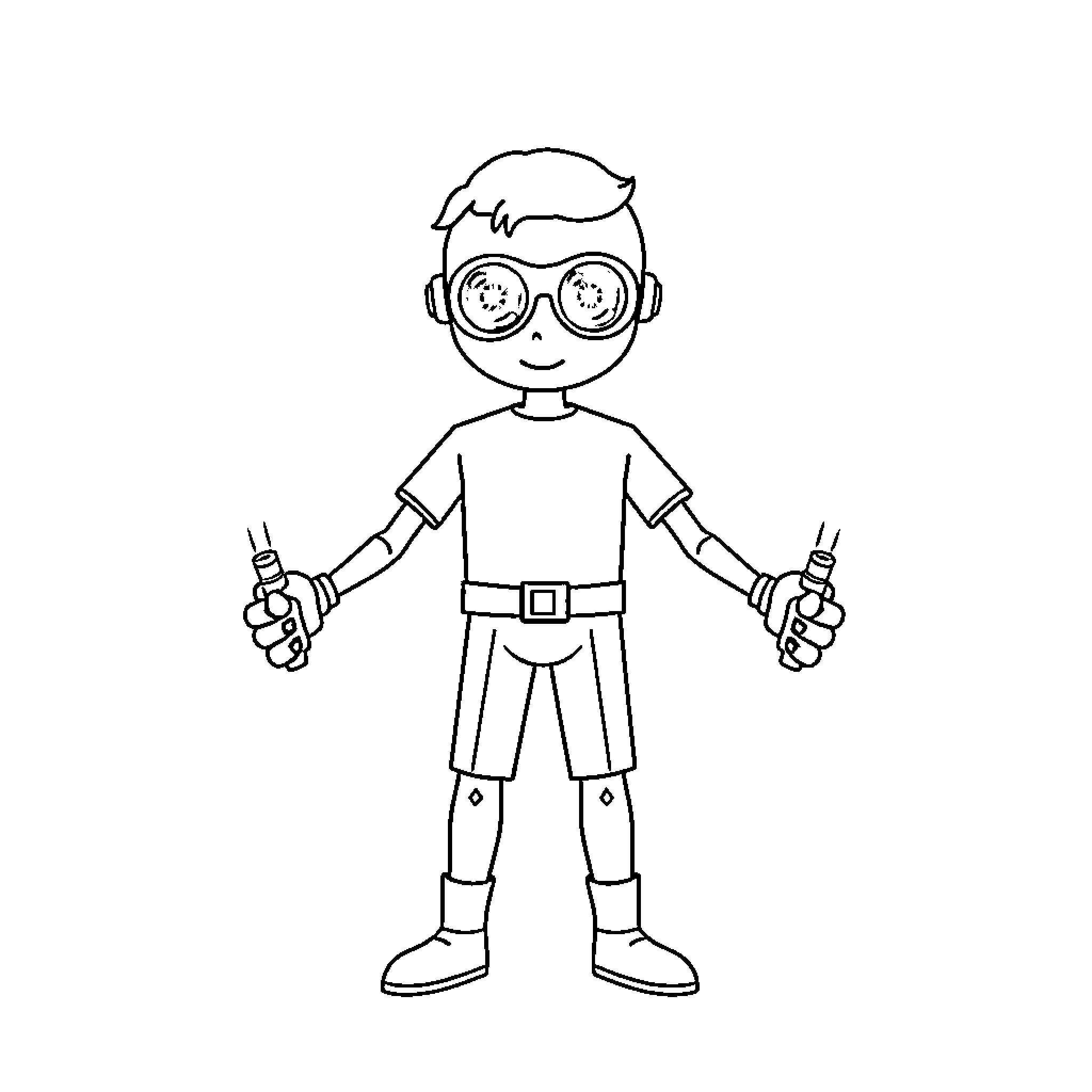 Human boy in superhero outfit with goggles Coloring Page (free black-and-white line drawing printable PDF for all, from beginners to advanced learners, including children, teens, adults, and seniors)