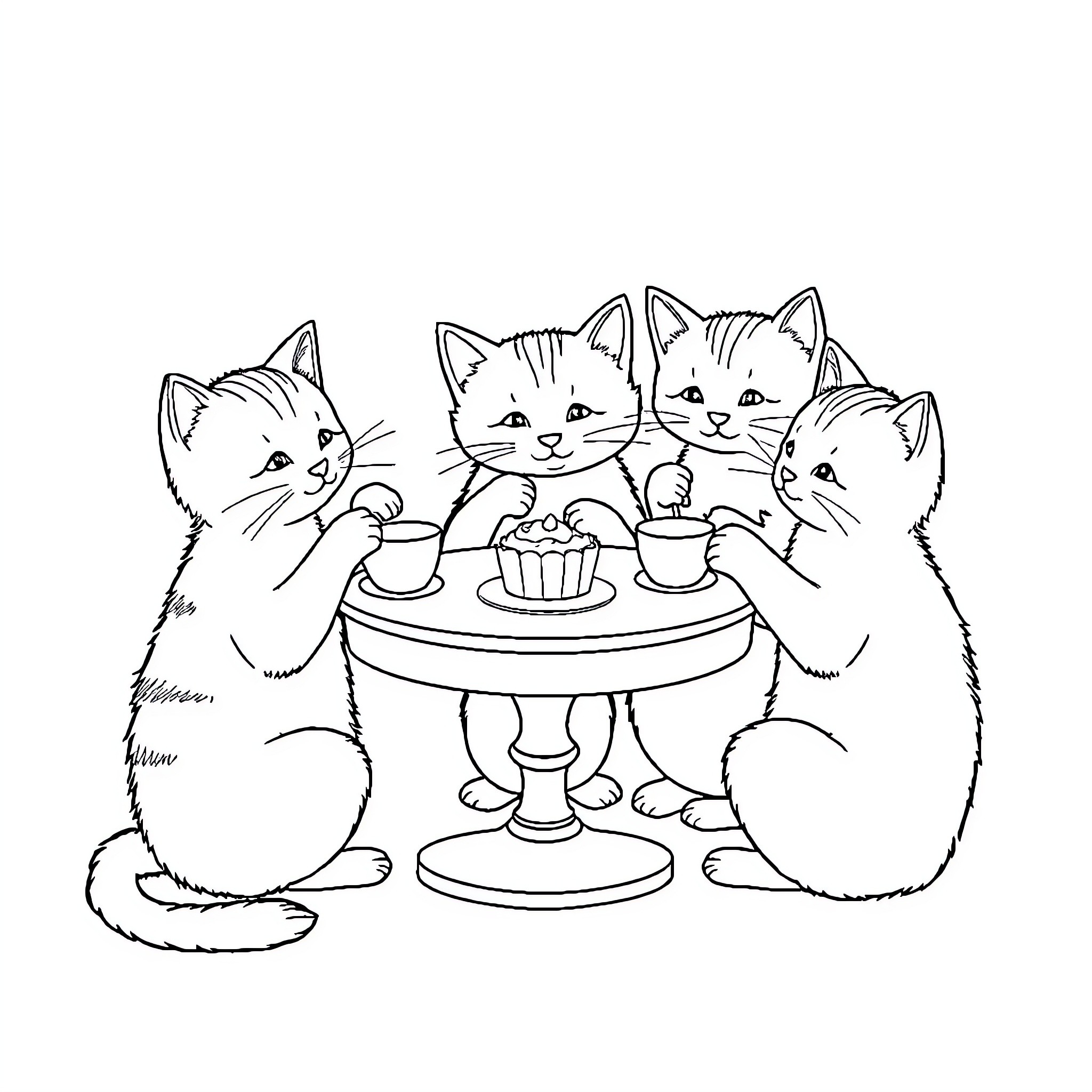Cat Enjoying Dessert with Friends Coloring Page (free black-and-white line drawing printable PDF for all, from beginners to advanced learners, including children, teens, adults, and seniors)