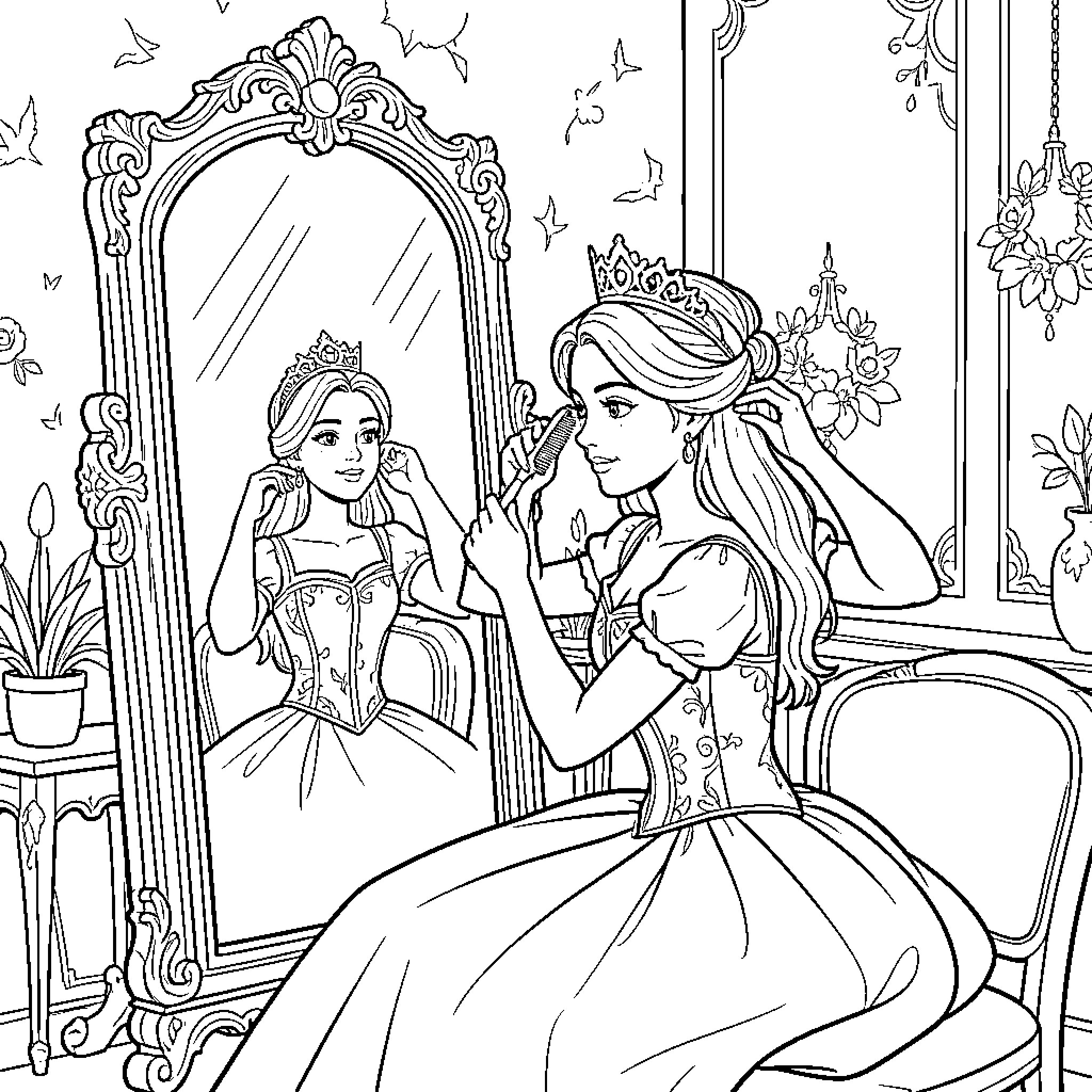 Princess admiring her reflection while brushing her hair Coloring Page (free black-and-white line drawing printable PDF for all, from beginners to advanced learners, including children, teens, adults, and seniors)