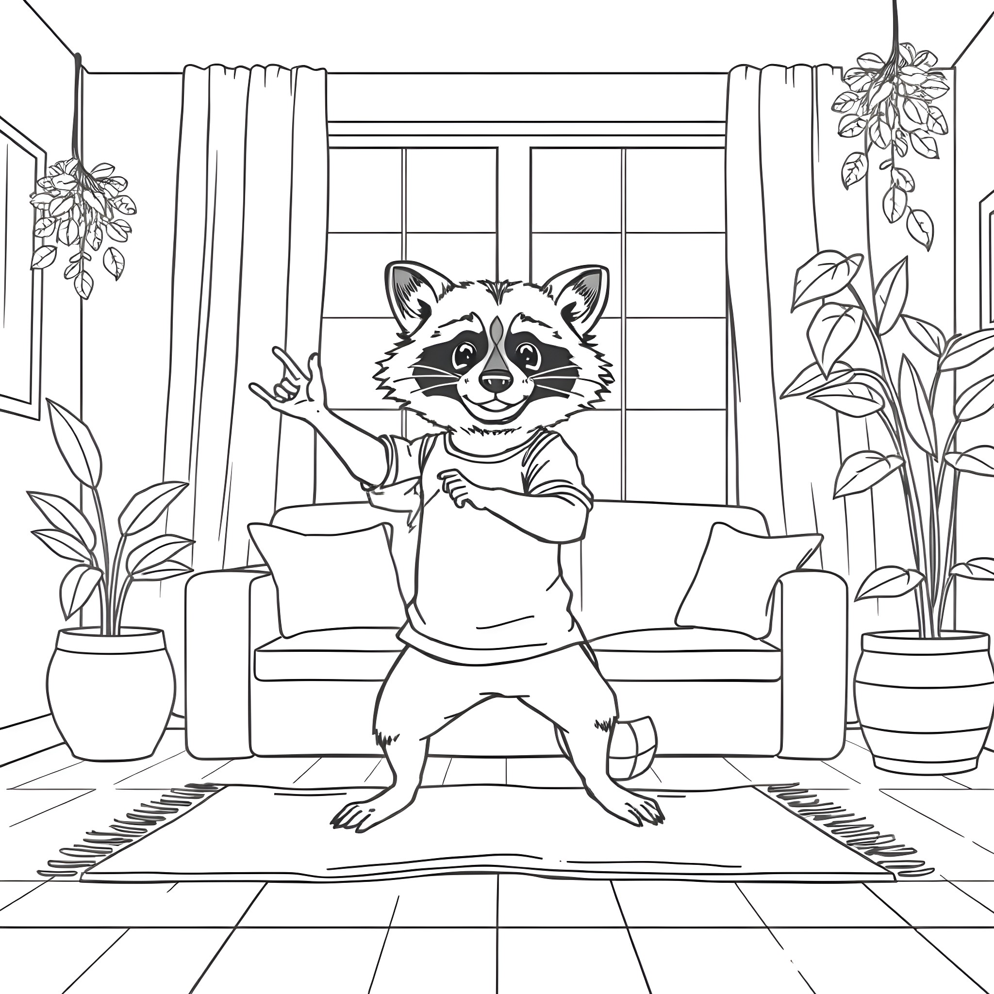Raccoon relaxing in a cozy indoor setting Coloring Page (free black-and-white line drawing printable PDF for all, from beginners to advanced learners, including children, teens, adults, and seniors)