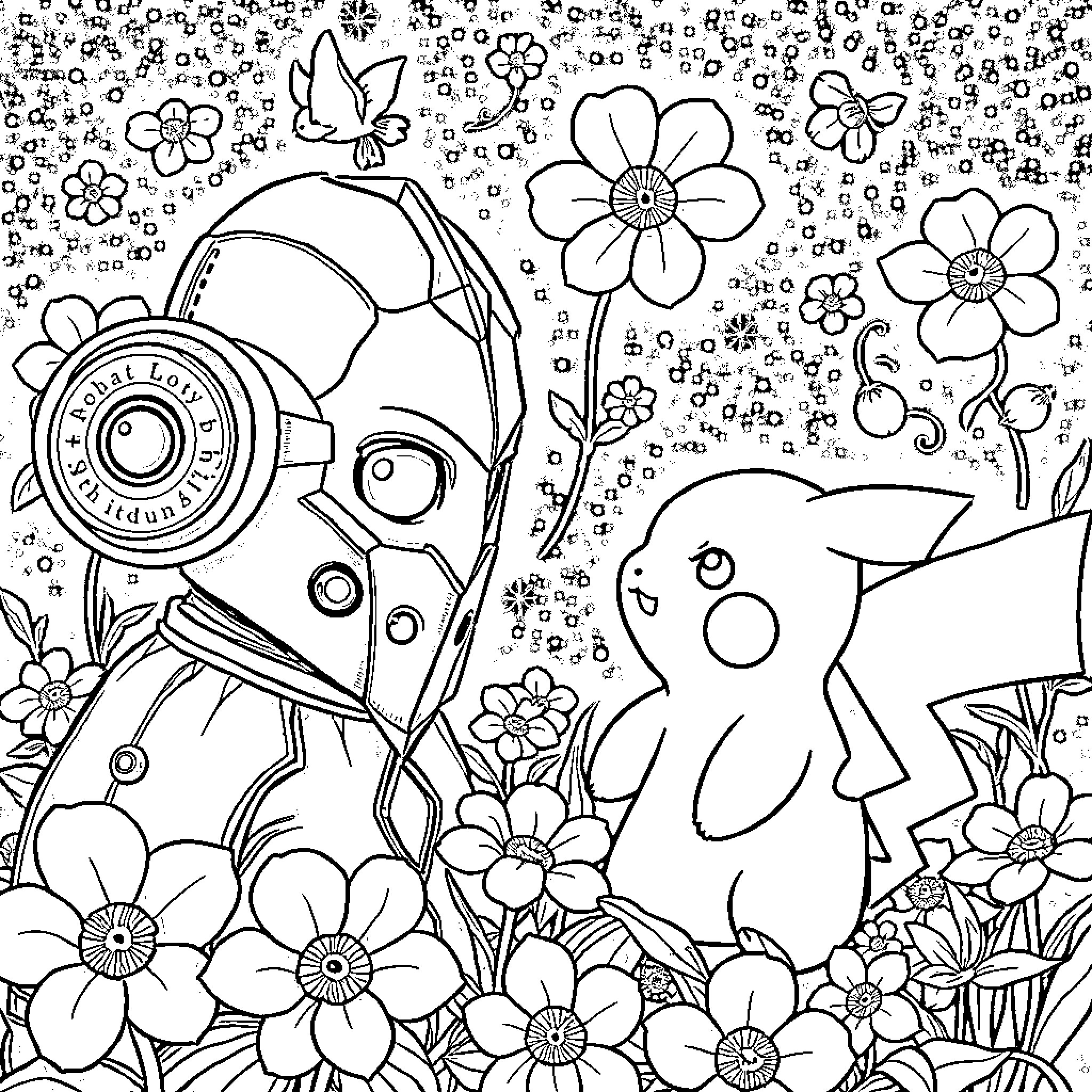 Iron Golem interacting with cute creatures in flowery field Coloring Page (free black-and-white line drawing printable PDF for all, from beginners to advanced learners, including children, teens, adults, and seniors)