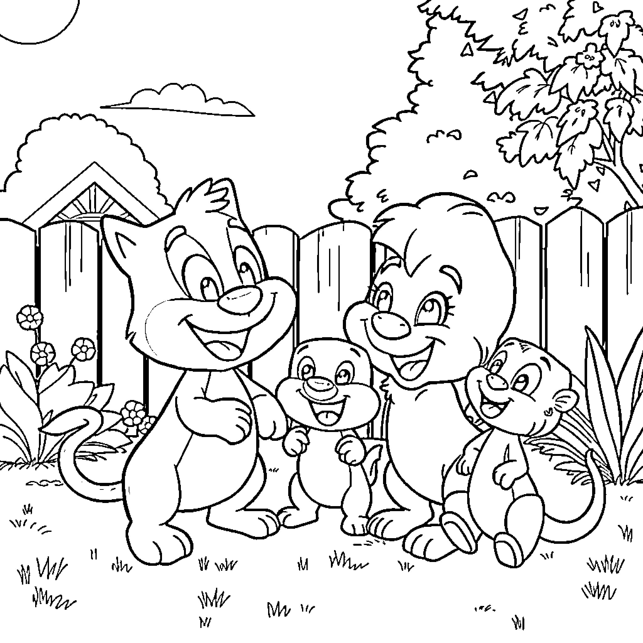 Bluey's Family Gathering in the Backyard Coloring Page (free black-and-white line drawing printable PDF for all, from beginners to advanced learners, including children, teens, adults, and seniors)