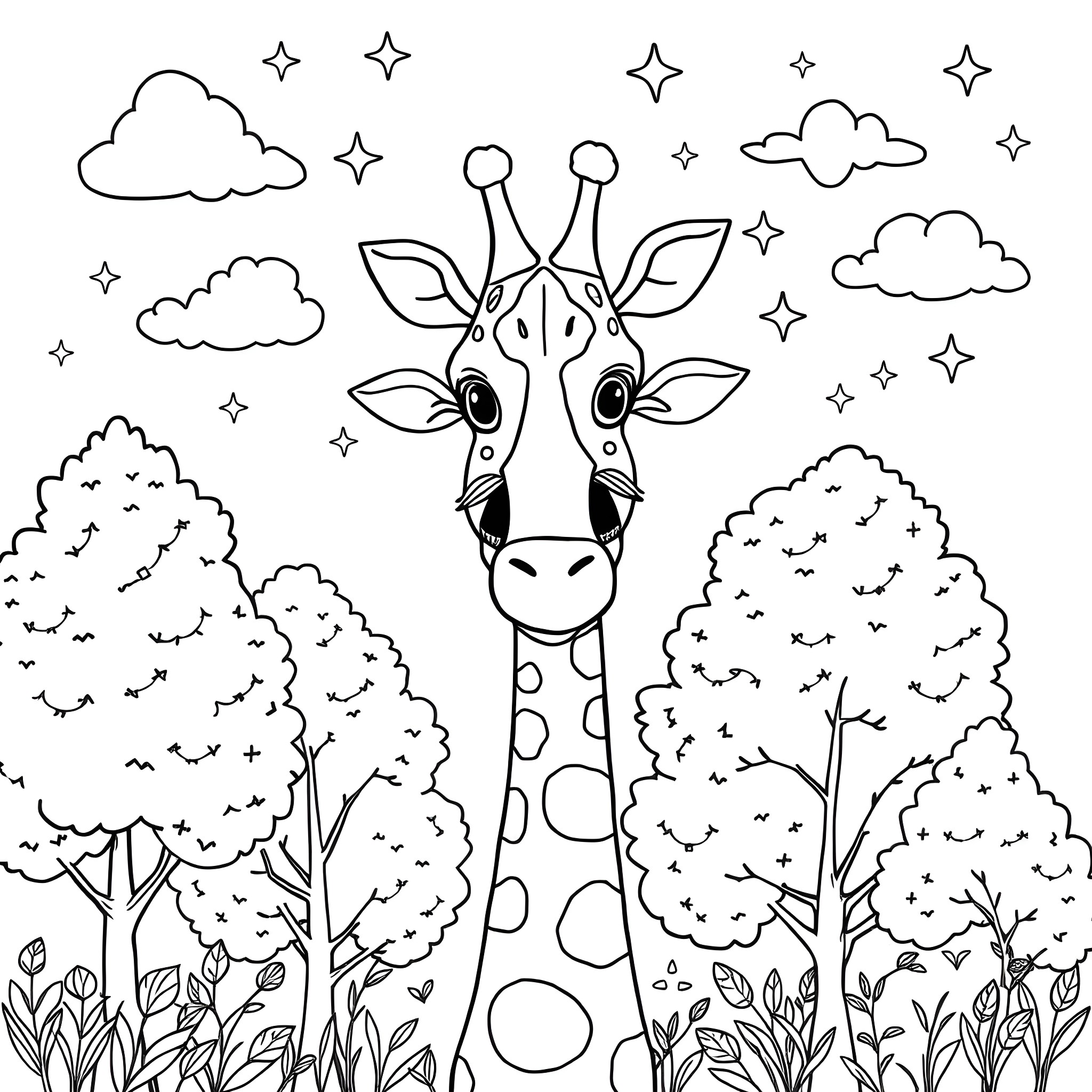 Giraffe in a whimsical forest scene Coloring Page (free black-and-white line drawing printable PDF for all, from beginners to advanced learners, including children, teens, adults, and seniors)