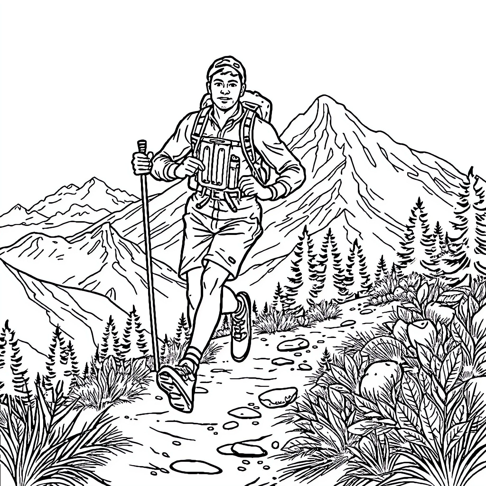 Trail Runner Navigating Mountain Landscape Coloring Page (free black-and-white line drawing printable PDF for all, from beginners to advanced learners, including children, teens, adults, and seniors)