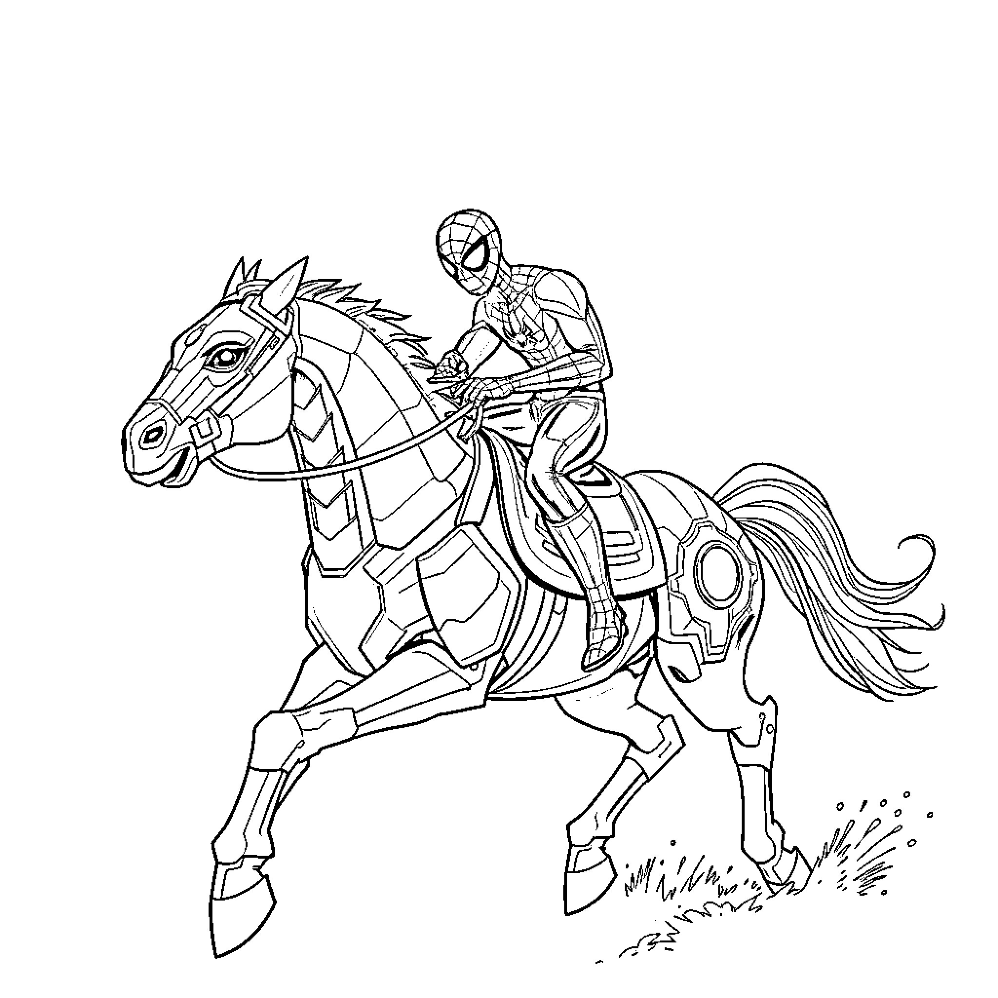 Spiderman rides a galloping horse in action Coloring Page (free black-and-white line drawing printable PDF for all, from beginners to advanced learners, including children, teens, adults, and seniors)