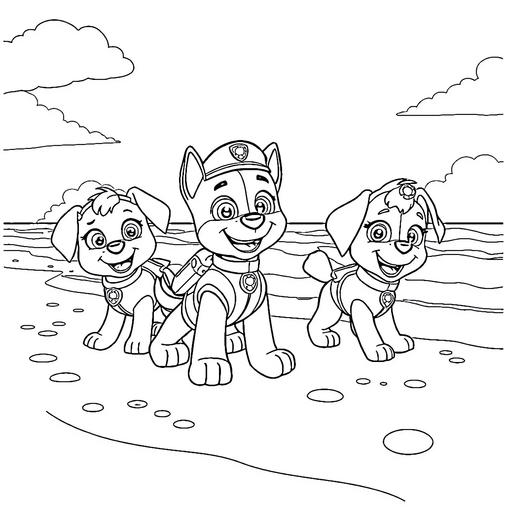 Bluey's Paw Patrol Outdoor Adventure Coloring Page (free black-and-white line drawing printable PDF for all, from beginners to advanced learners, including children, teens, adults, and seniors)
