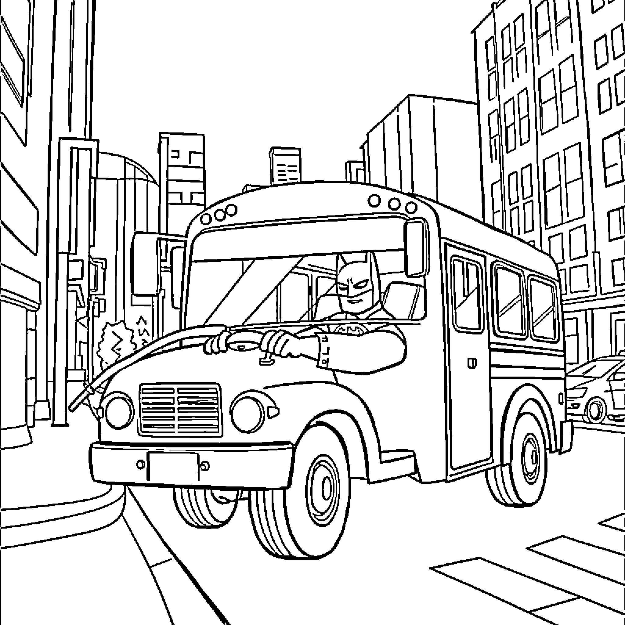 Batman driving a school bus through the city Coloring Page (free black-and-white line drawing printable PDF for all, from beginners to advanced learners, including children, teens, adults, and seniors)
