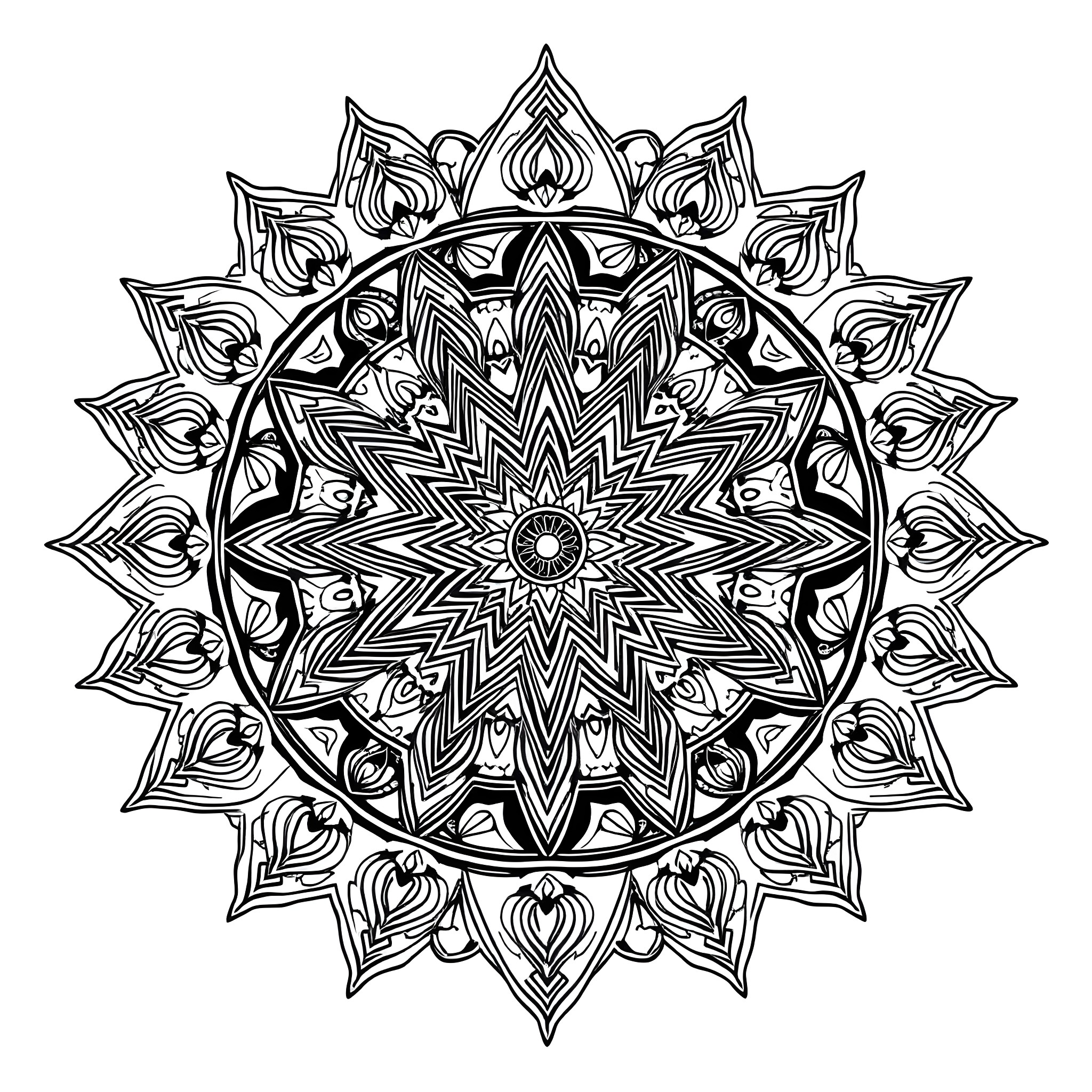Mandala with intricate symmetrical pattern Coloring Page (free black-and-white line drawing printable PDF for all, from beginners to advanced learners, including children, teens, adults, and seniors)