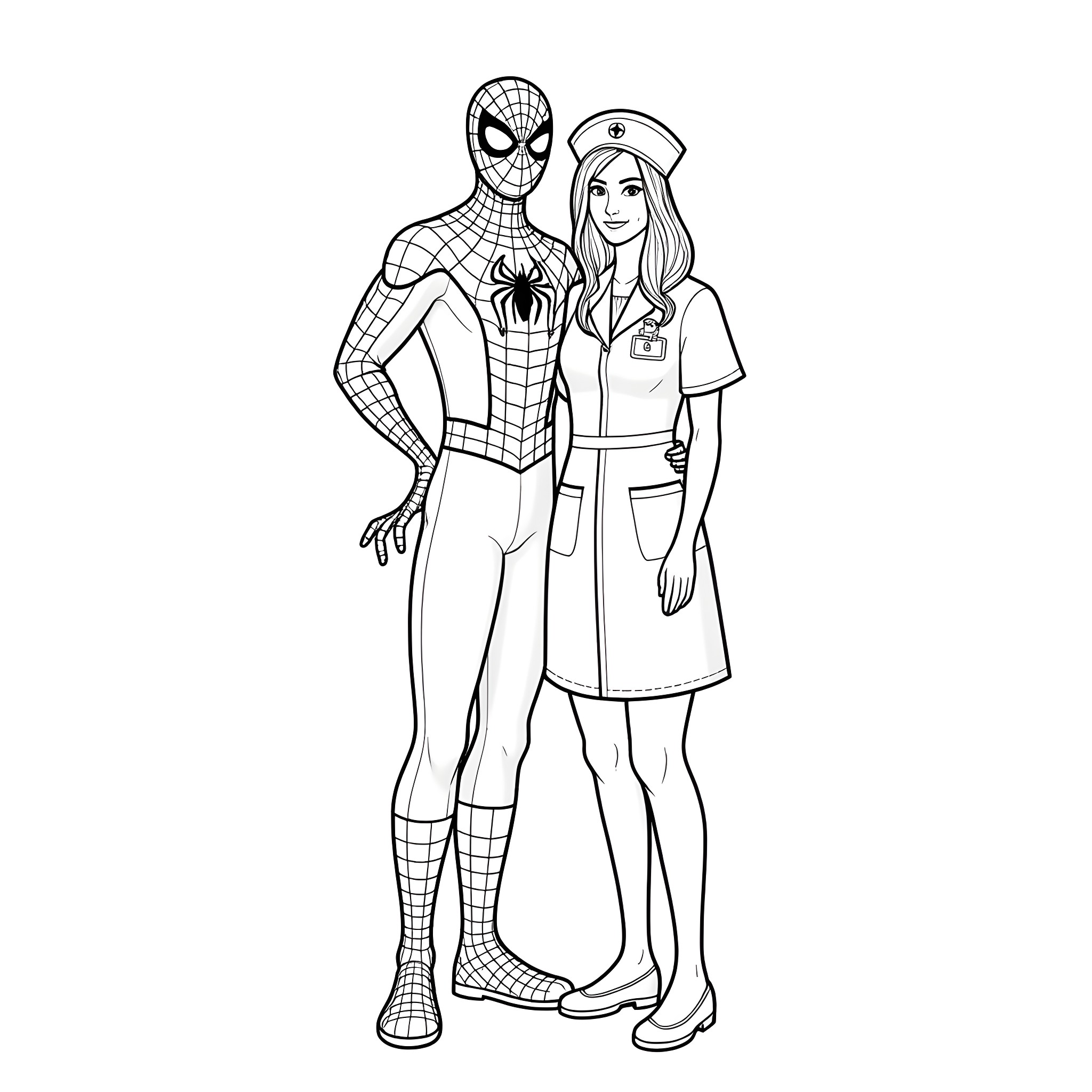 Spiderman and nurse posing together Coloring Page (free black-and-white line drawing printable PDF for all, from beginners to advanced learners, including children, teens, adults, and seniors)