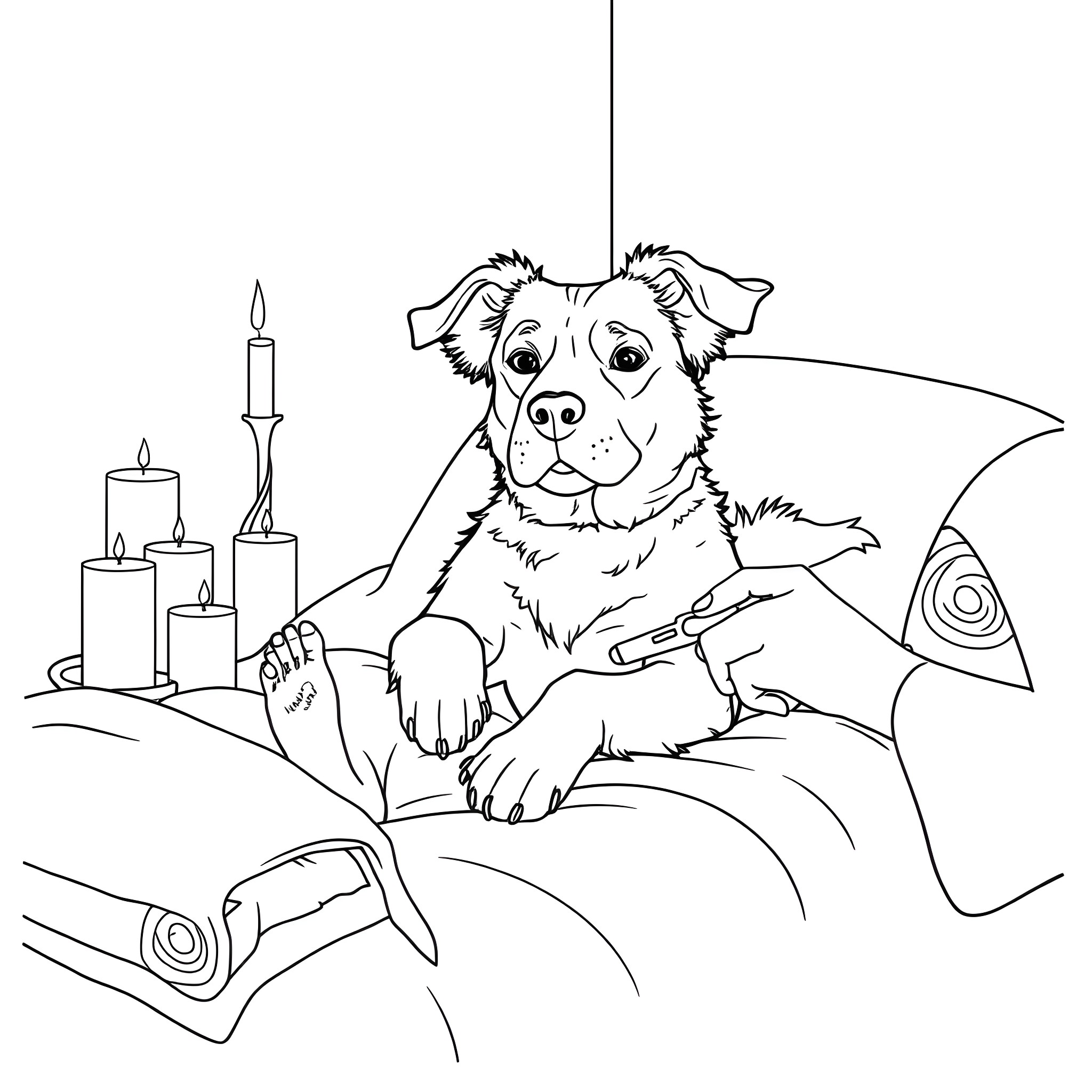 Dog Relaxing by the Fireplace Coloring Page (free black-and-white line drawing printable PDF for all, from beginners to advanced learners, including children, teens, adults, and seniors)