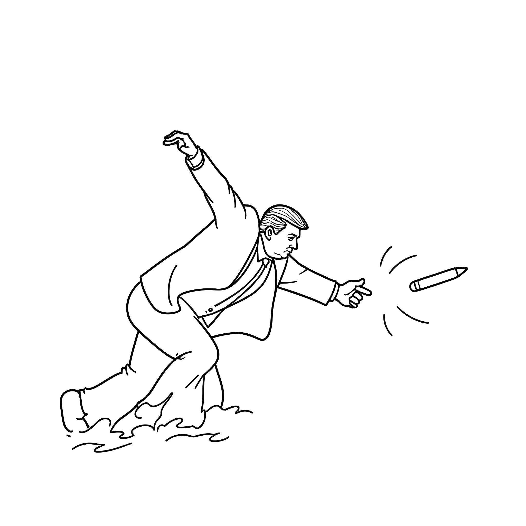 Trump throwing objects in heated moment Coloring Page (free black-and-white line drawing printable PDF for all, from beginners to advanced learners, including children, teens, adults, and seniors)