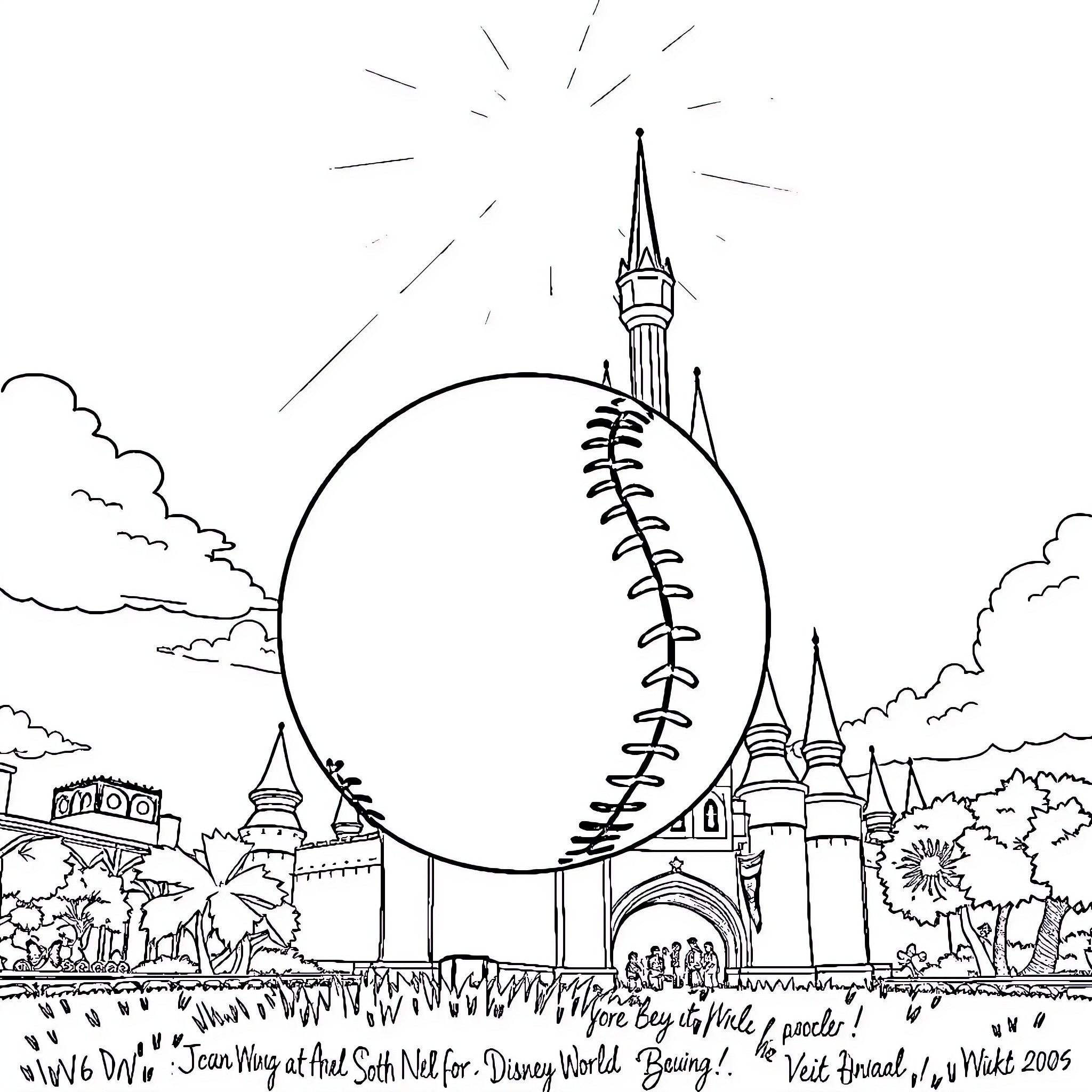 Softball stadium with castle-like architecture Coloring Page (free black-and-white line drawing printable PDF for all, from beginners to advanced learners, including children, teens, adults, and seniors)